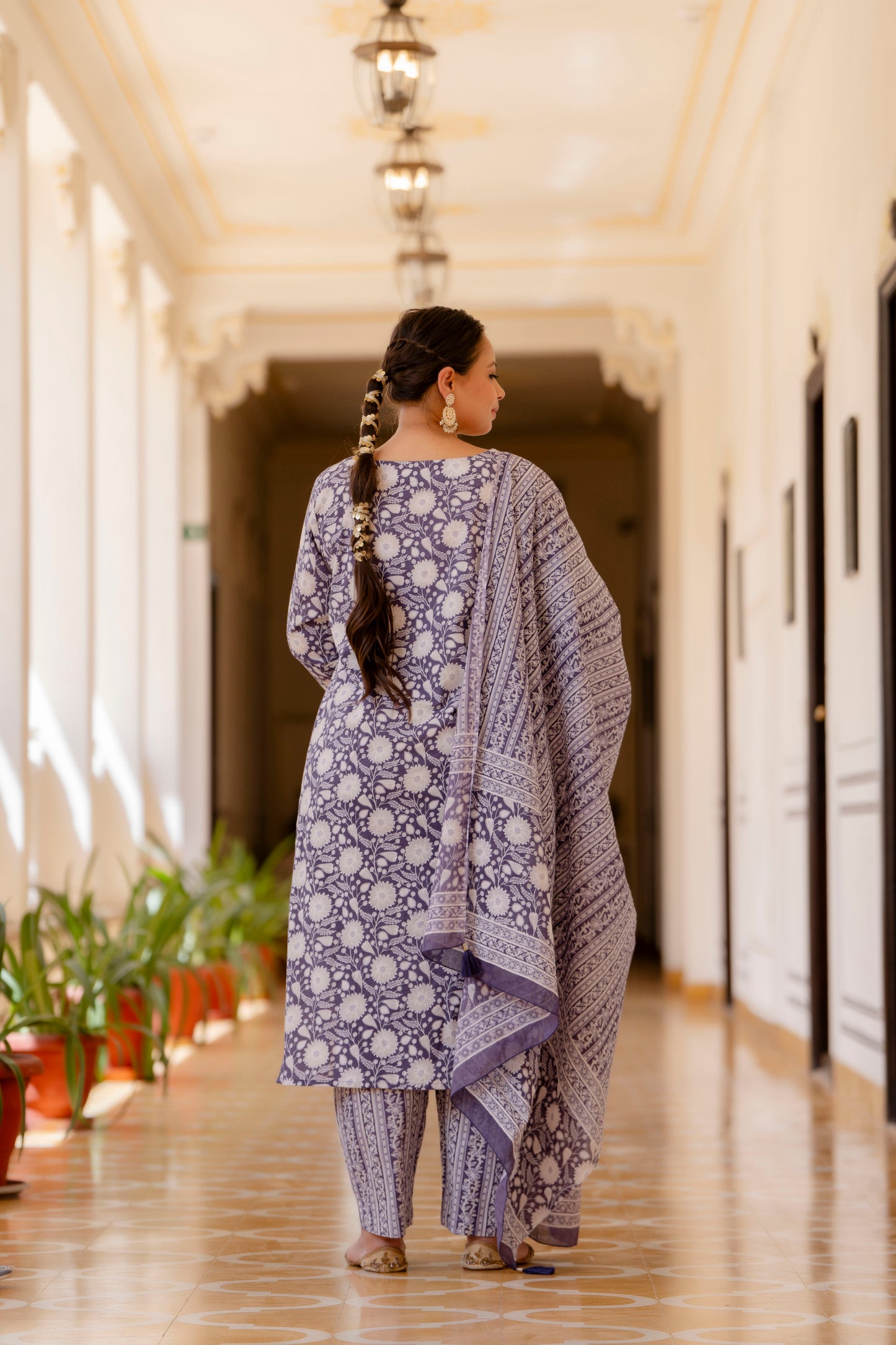 Purple Printed Kurta pant Dupatta Set (Cotton)