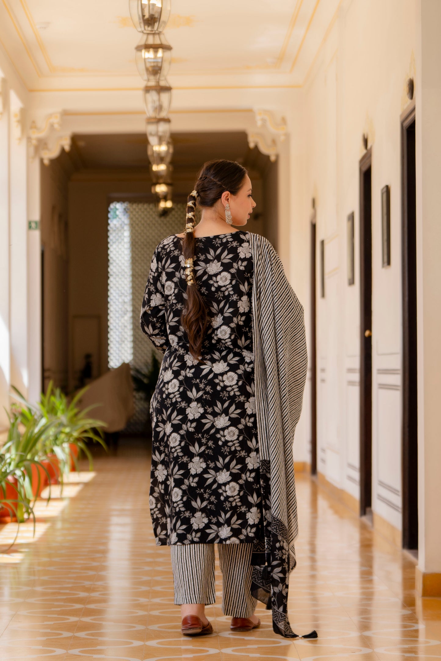 Black Printed Kurta pant Dupatta Set (Cotton)