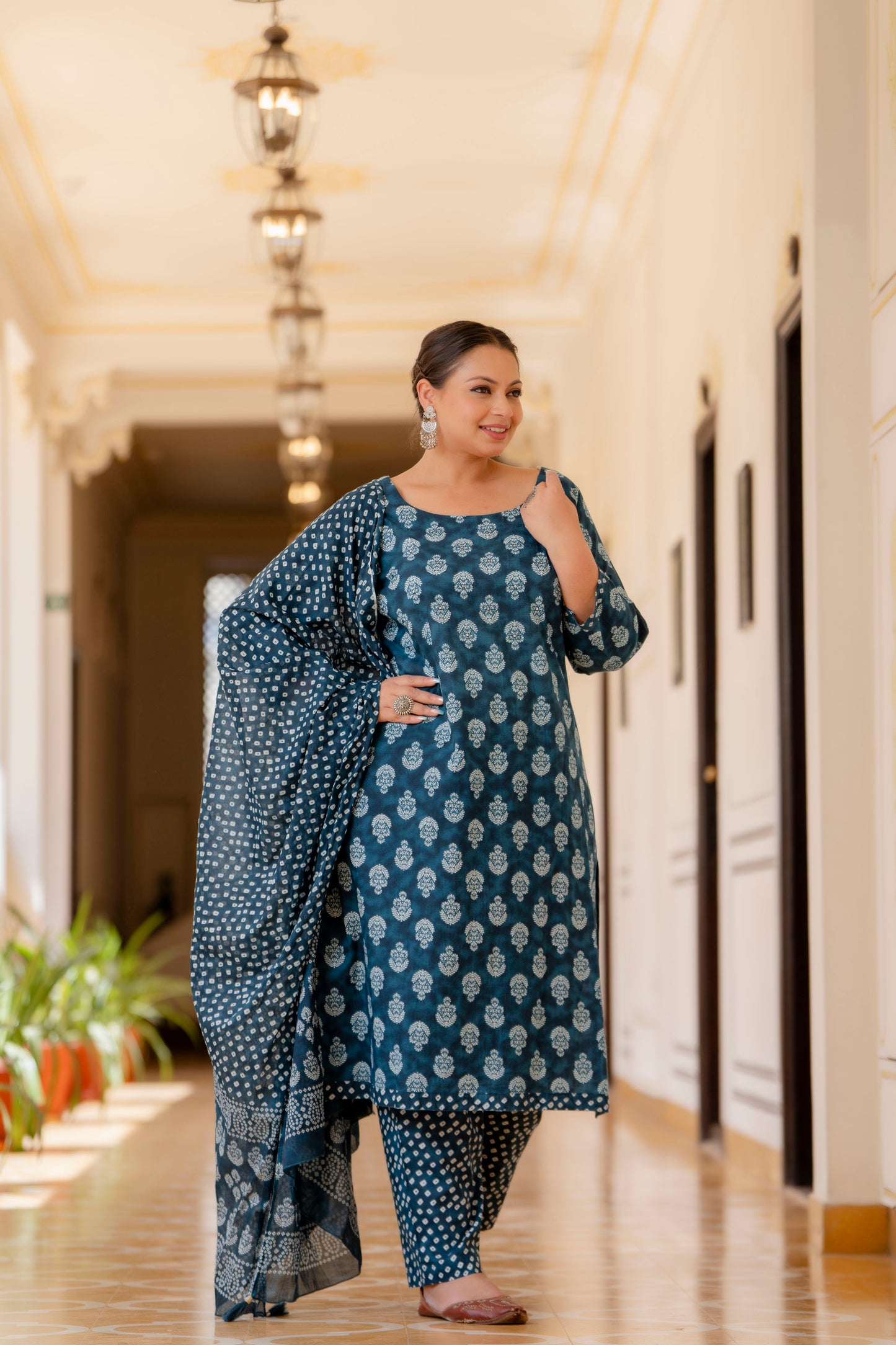 Blue Printed Kurta pant Dupatta Set (Cotton)