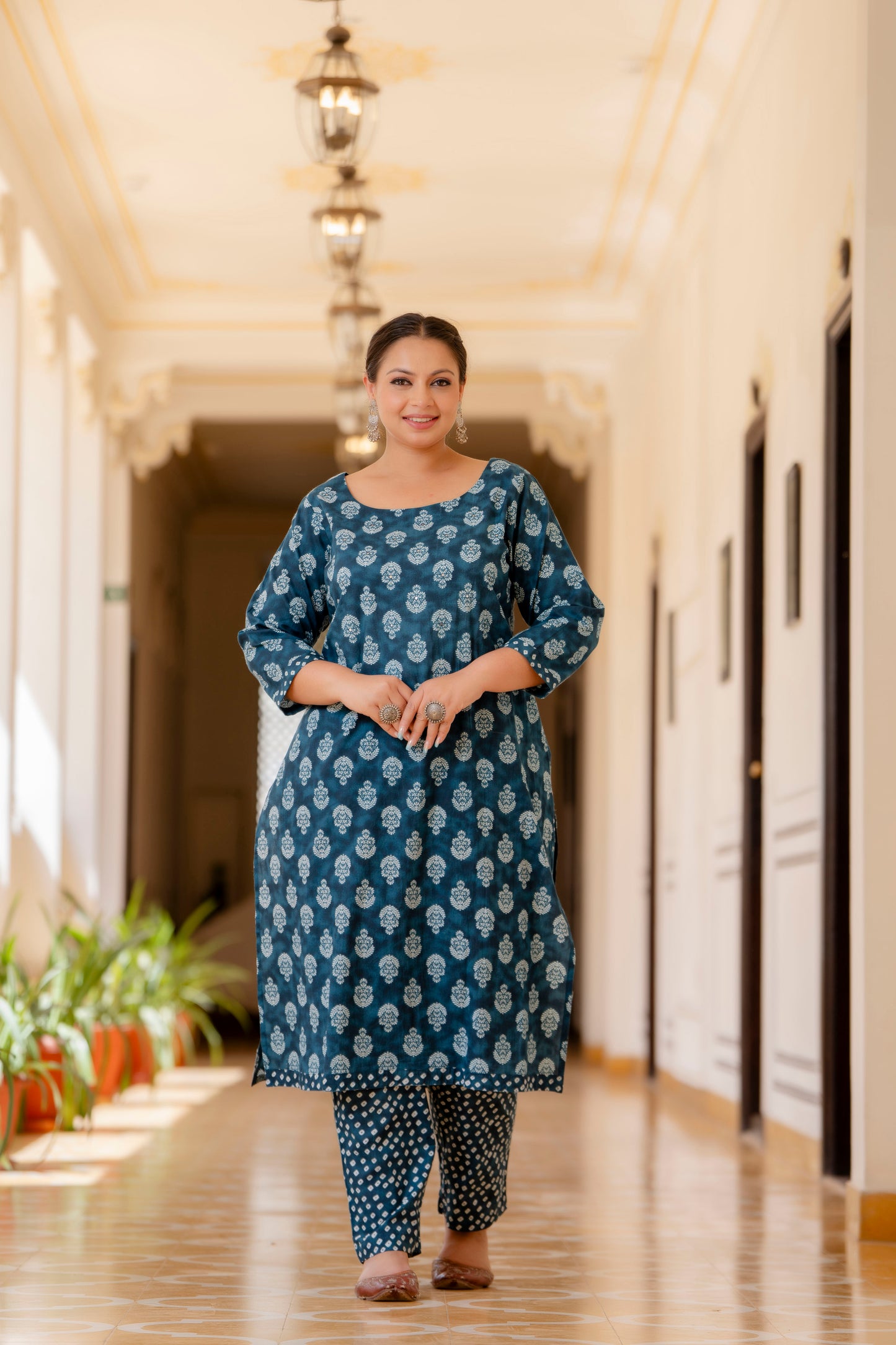 Blue Printed Kurta pant Dupatta Set (Cotton)