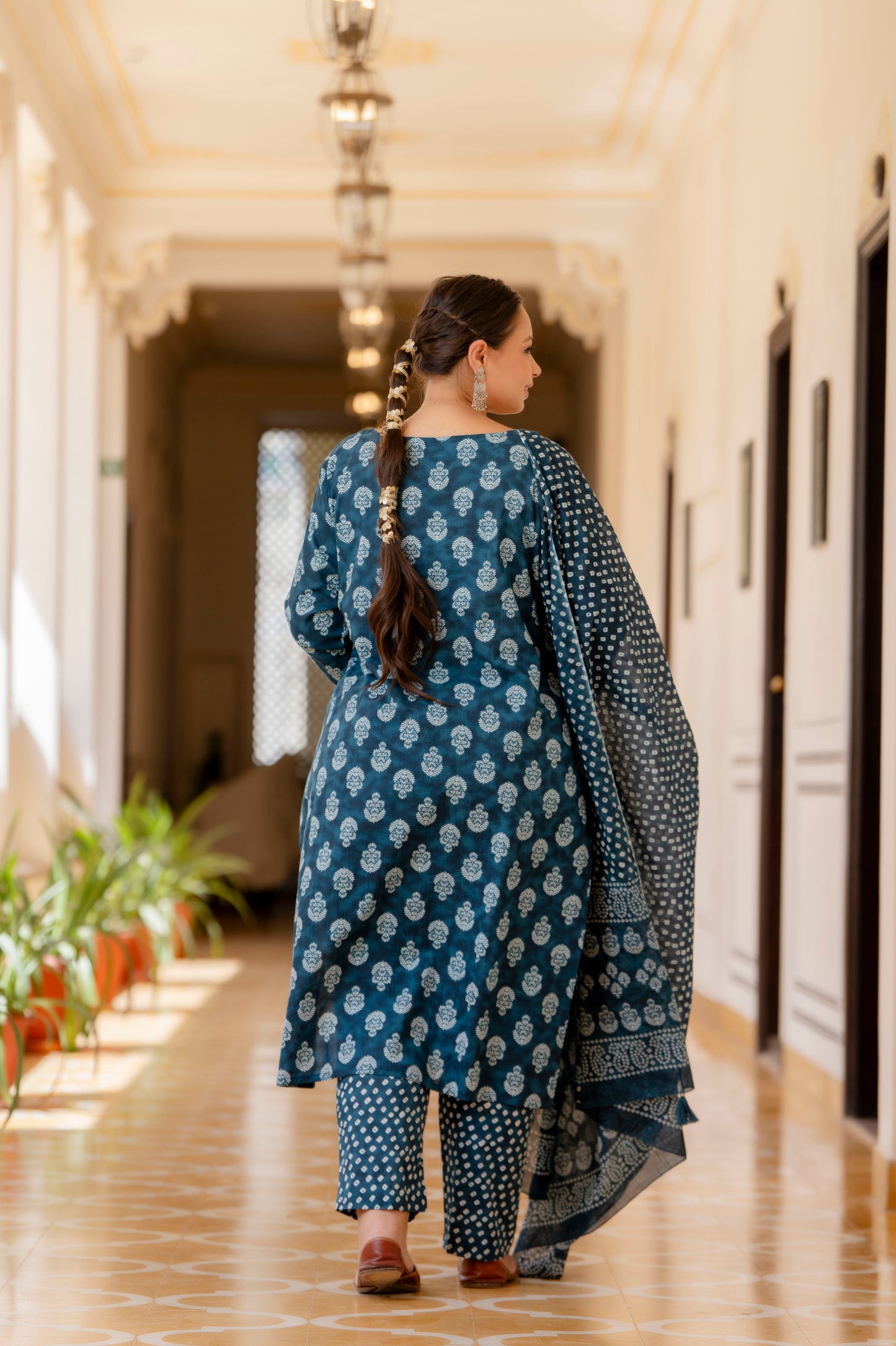 Blue Printed Kurta pant Dupatta Set (Cotton)