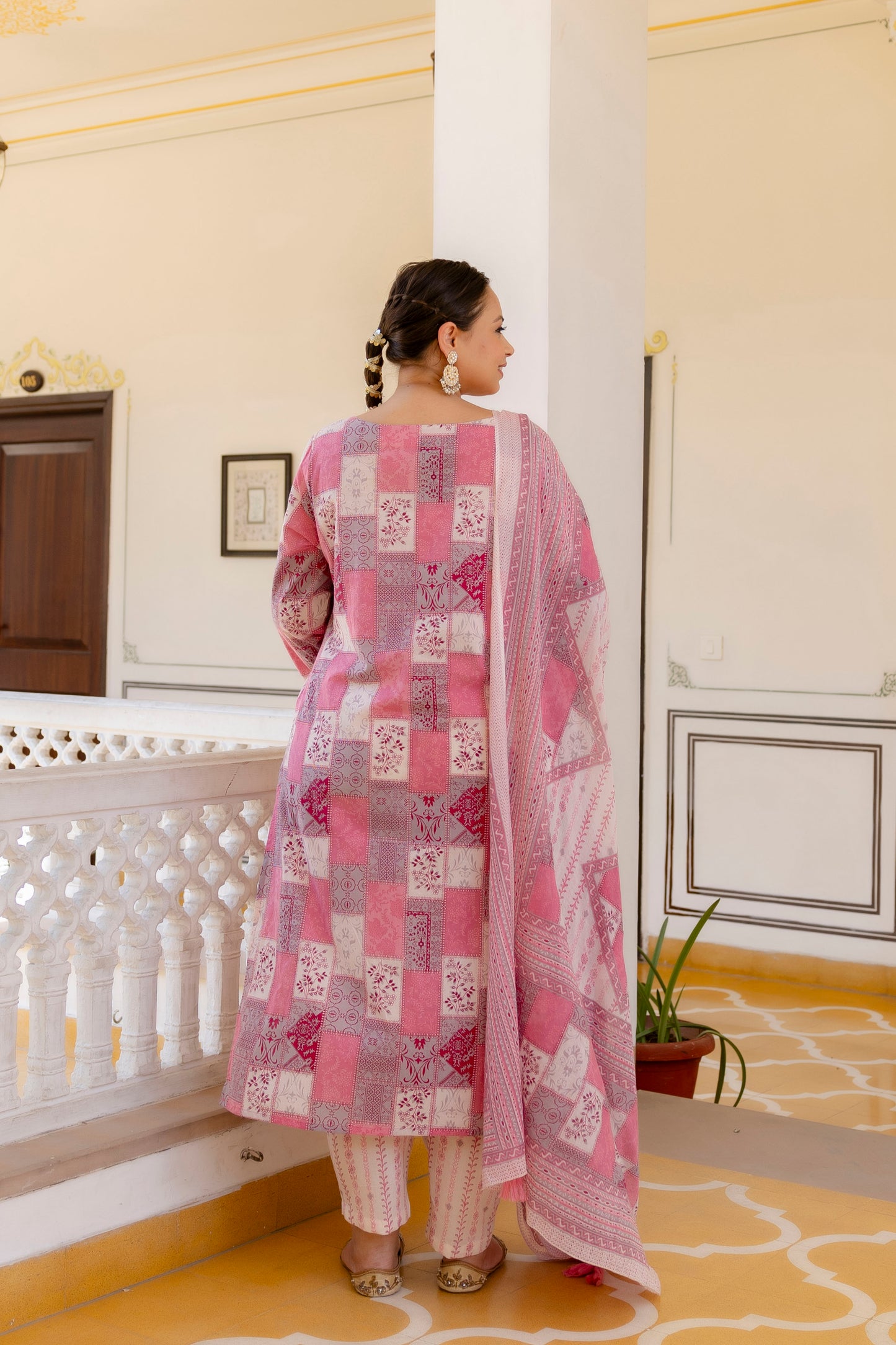Pink Printed Kurta pant Dupatta Set (Cotton)