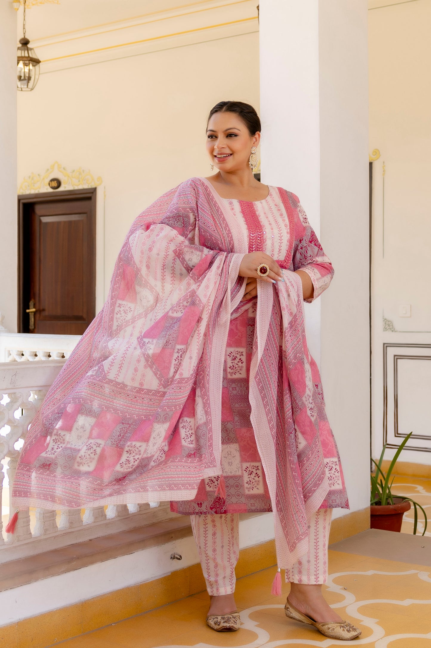 Pink Printed Kurta pant Dupatta Set (Cotton)