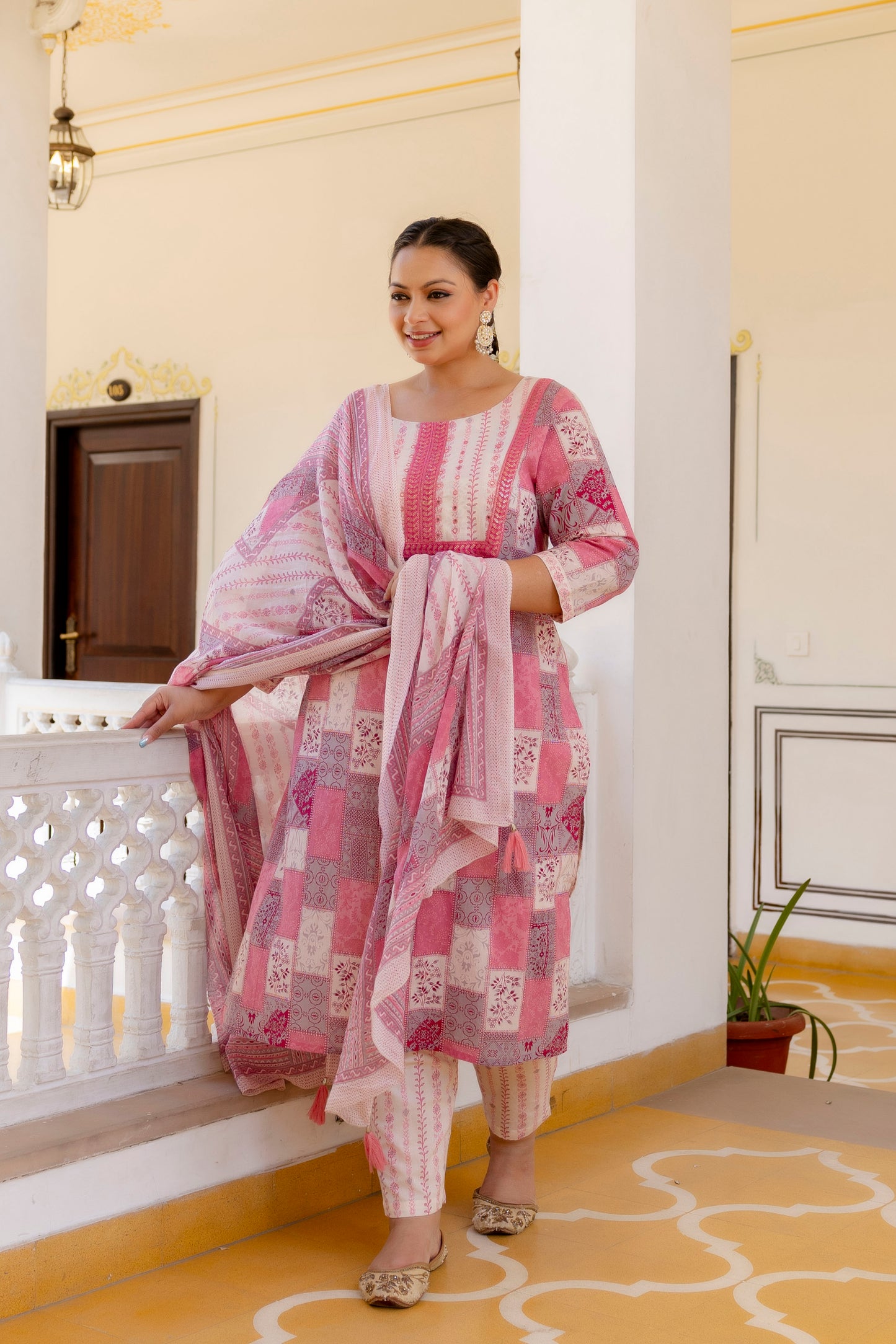 Pink Printed Kurta pant Dupatta Set (Cotton)
