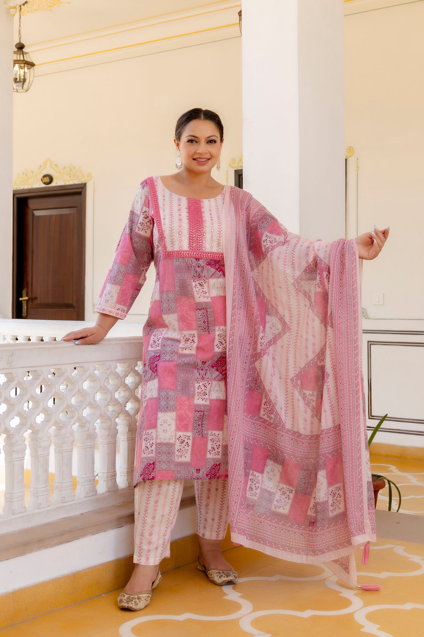 Pink Printed Kurta pant Dupatta Set (Cotton)