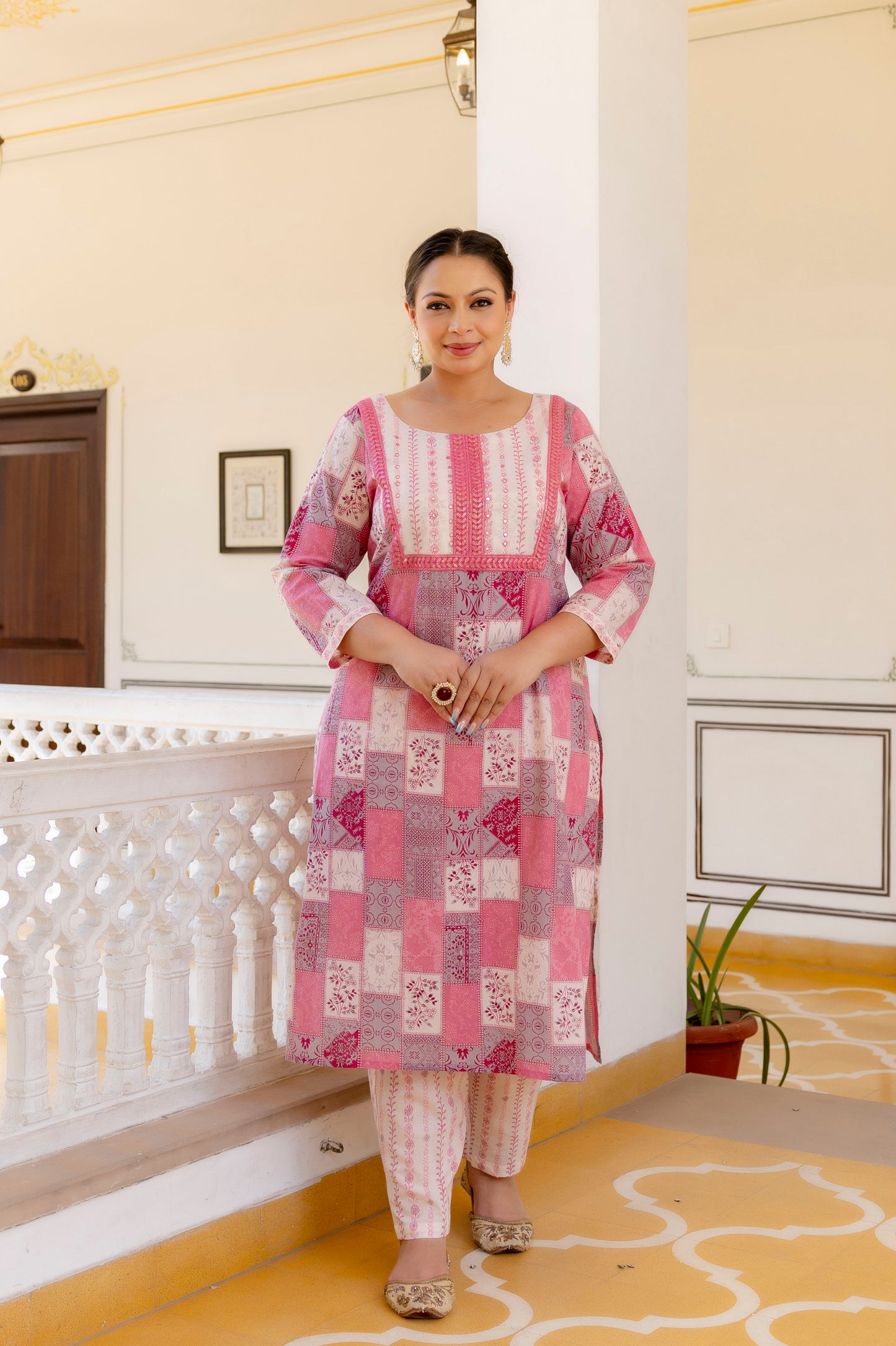 Pink Printed Kurta pant Dupatta Set (Cotton)