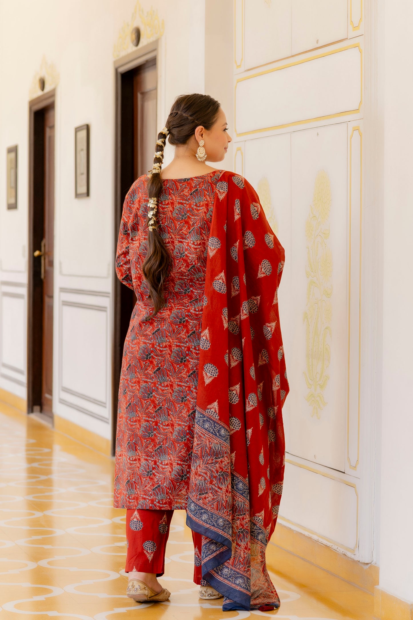 Red Printed Kurta pant Dupatta Set (Cotton)