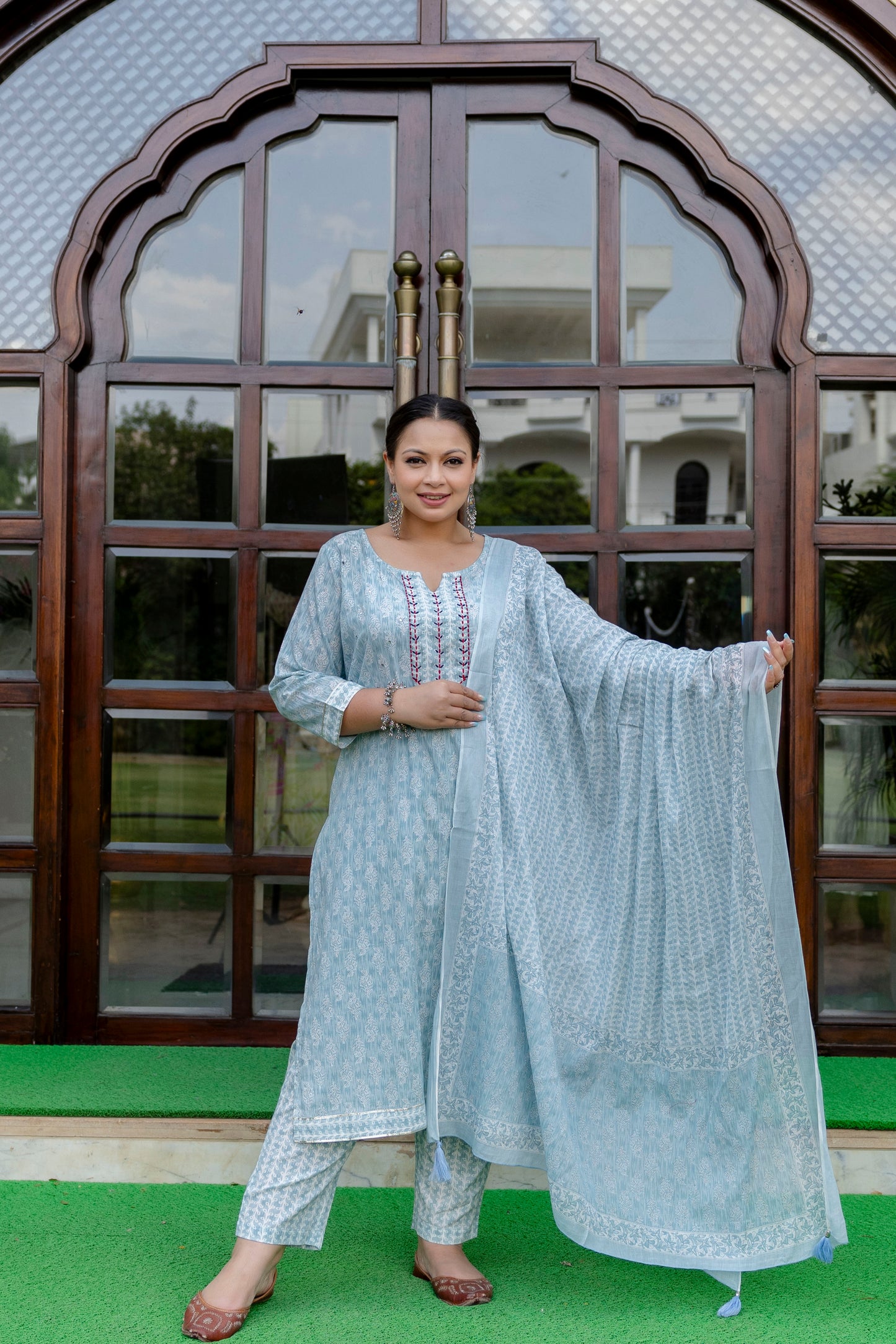 Light Blue Printed Kurta pant Dupatta Set (Cotton)