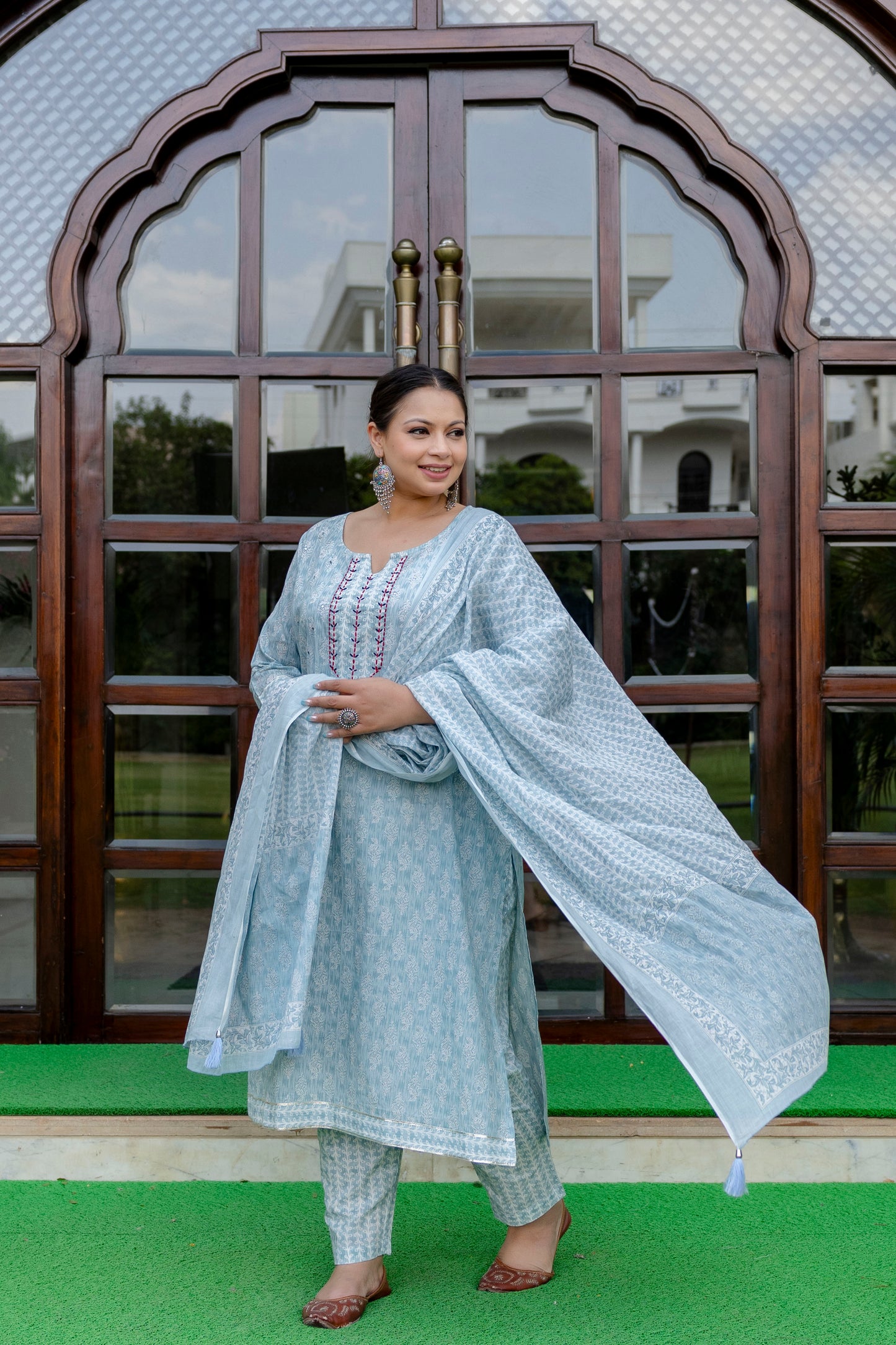 Light Blue Printed Kurta pant Dupatta Set (Cotton)
