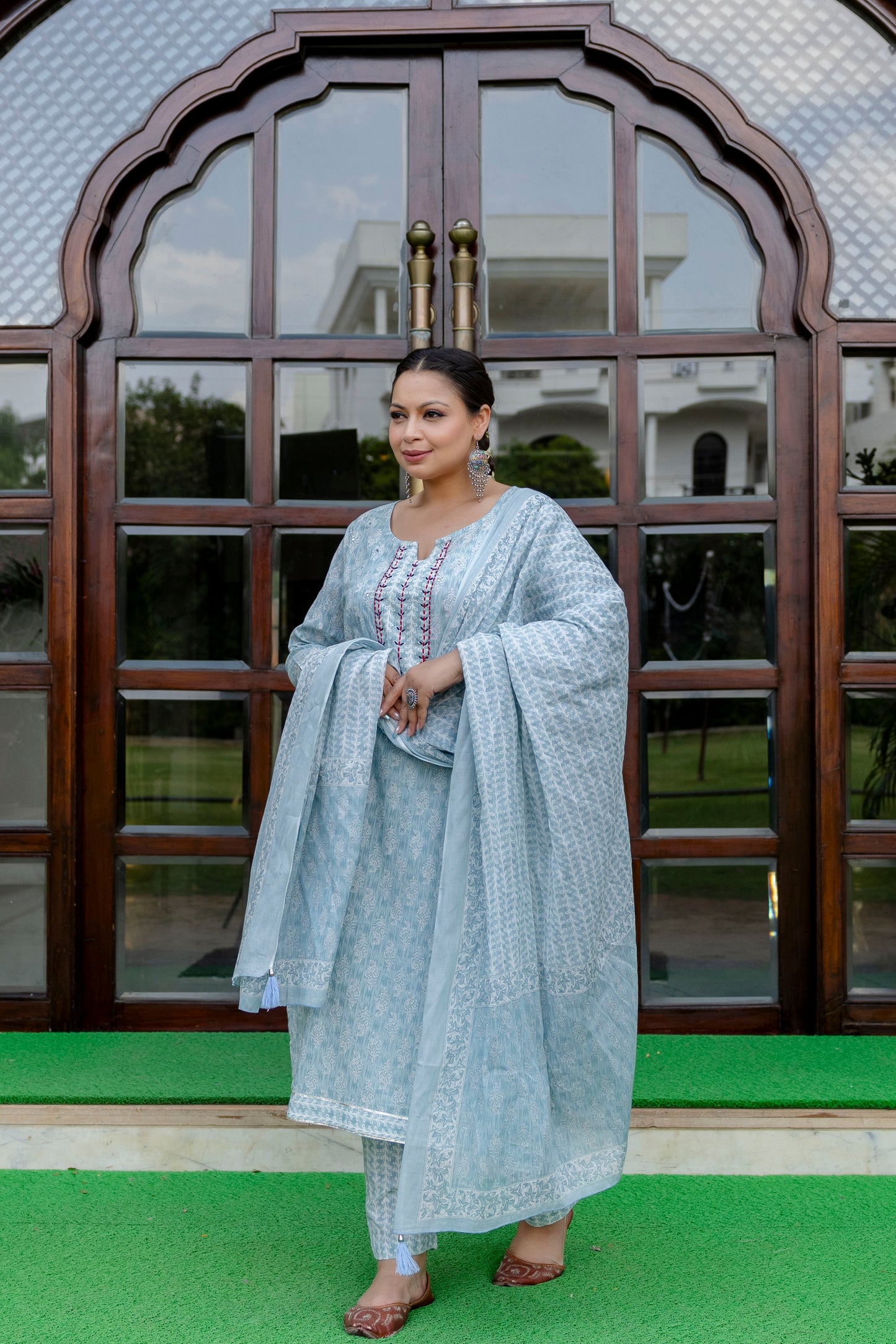Light Blue Printed Kurta pant Dupatta Set (Cotton)