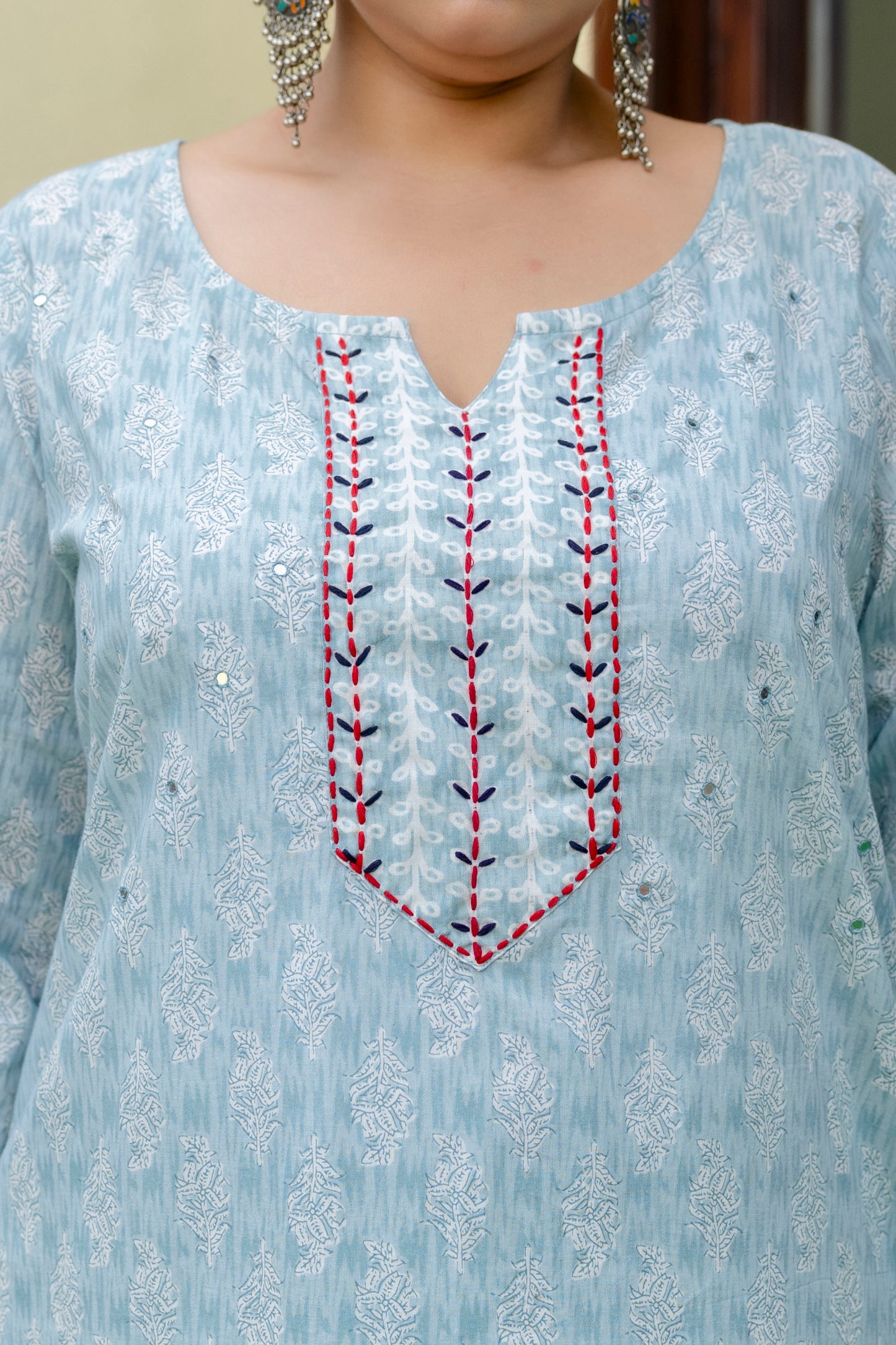 Light Blue Printed Kurta pant Dupatta Set (Cotton)