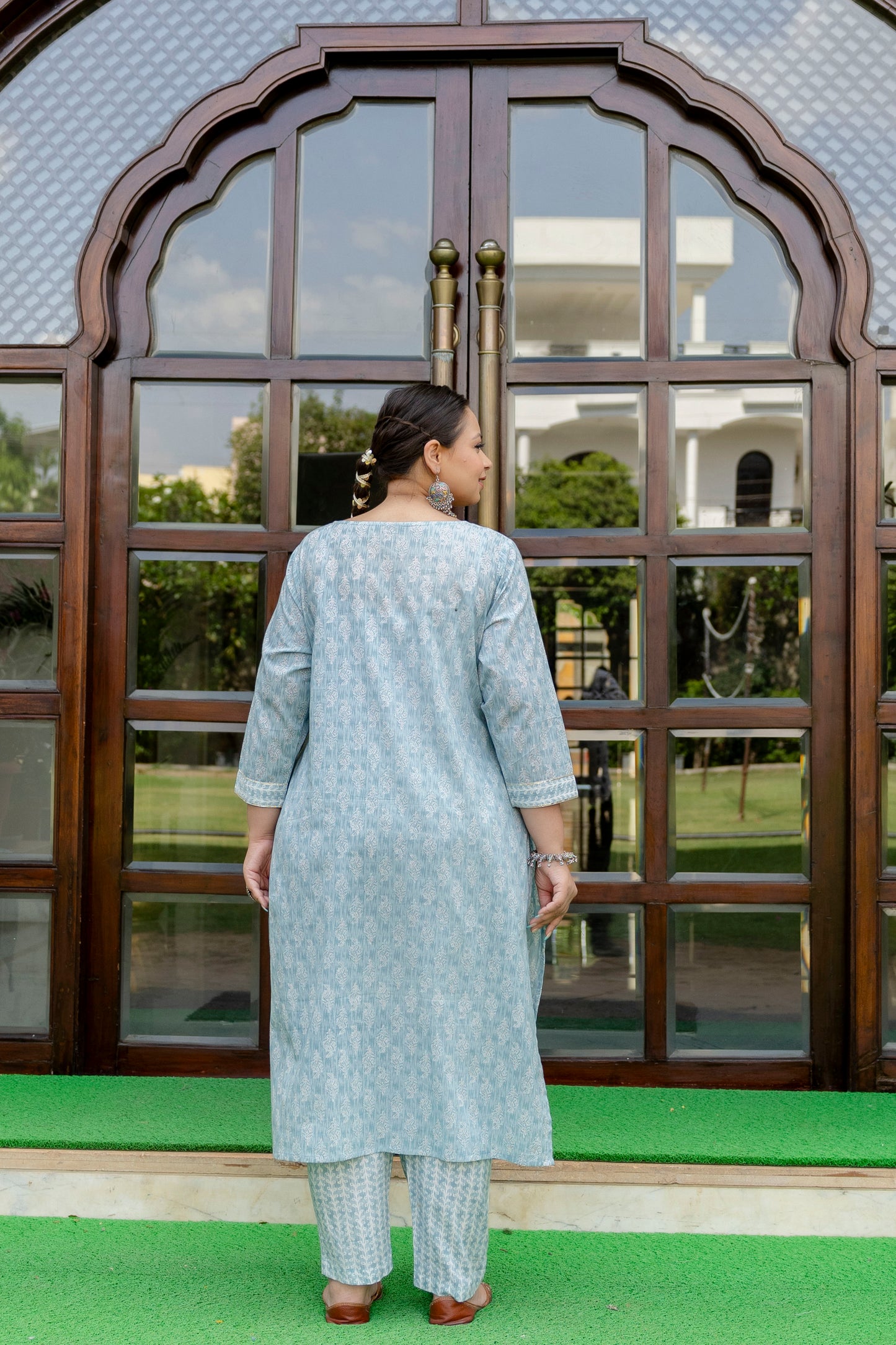 Light Blue Printed Kurta pant Dupatta Set (Cotton)