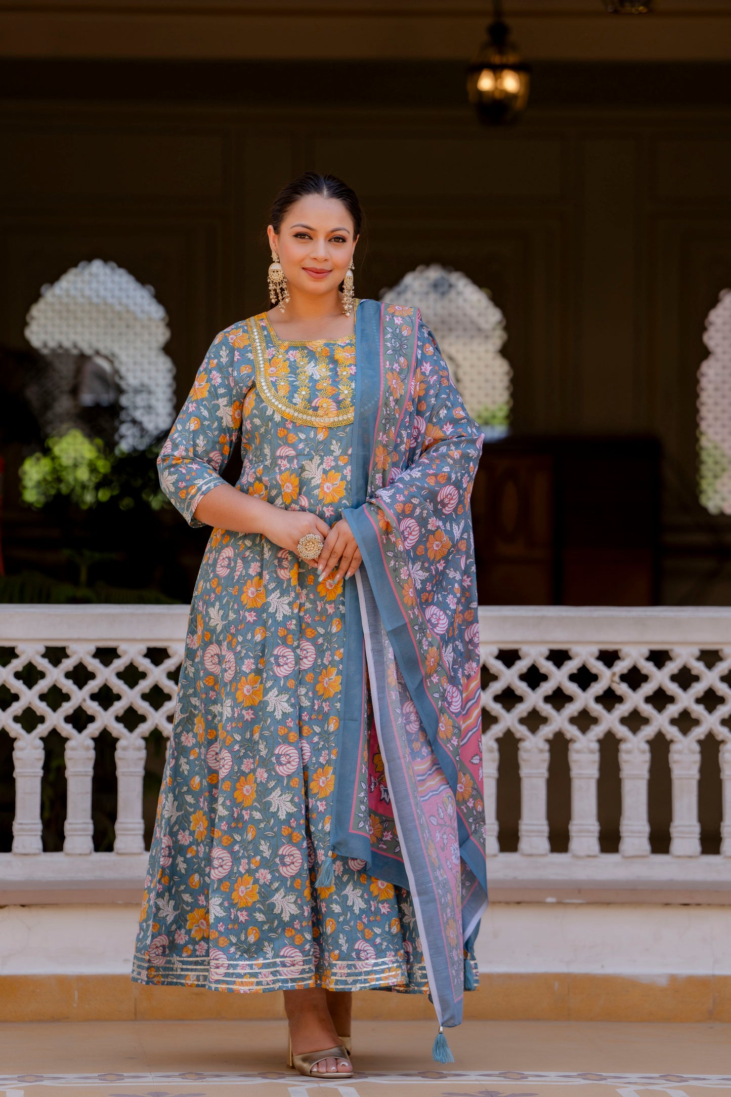 Grey Embroidered Anarkali Kurta & Dupatta Set (Pure Cotton)
