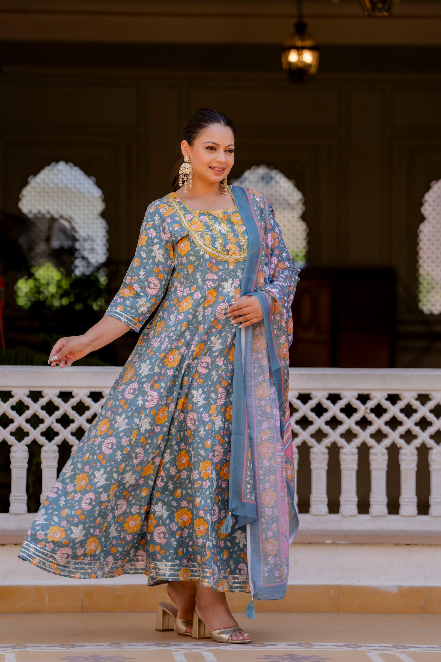 Grey Embroidered Anarkali Kurta & Dupatta Set (Pure Cotton)