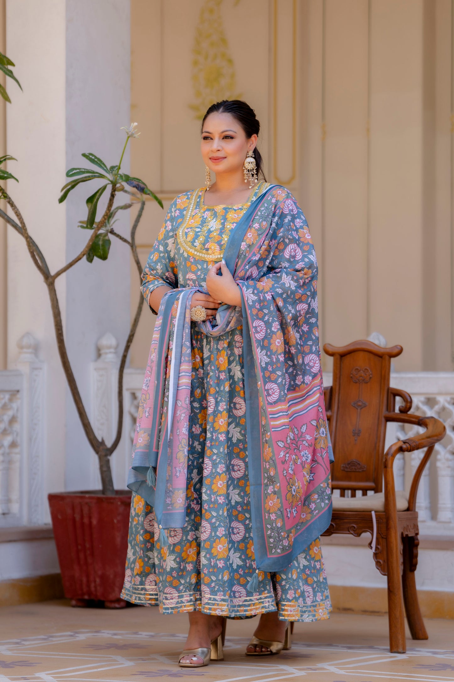 Grey Embroidered Anarkali Kurta & Dupatta Set (Pure Cotton)