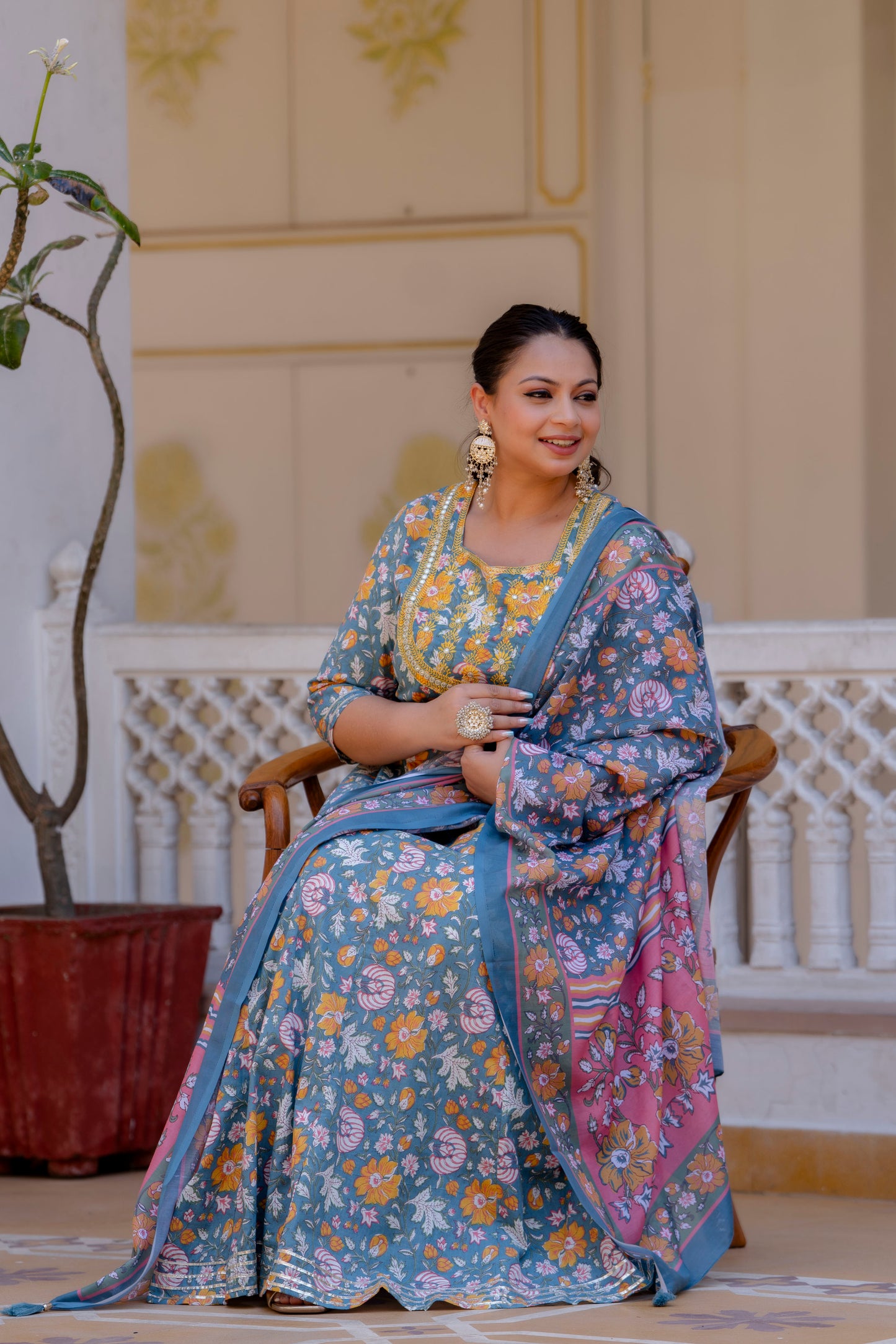 Grey Embroidered Anarkali Kurta & Dupatta Set (Pure Cotton)