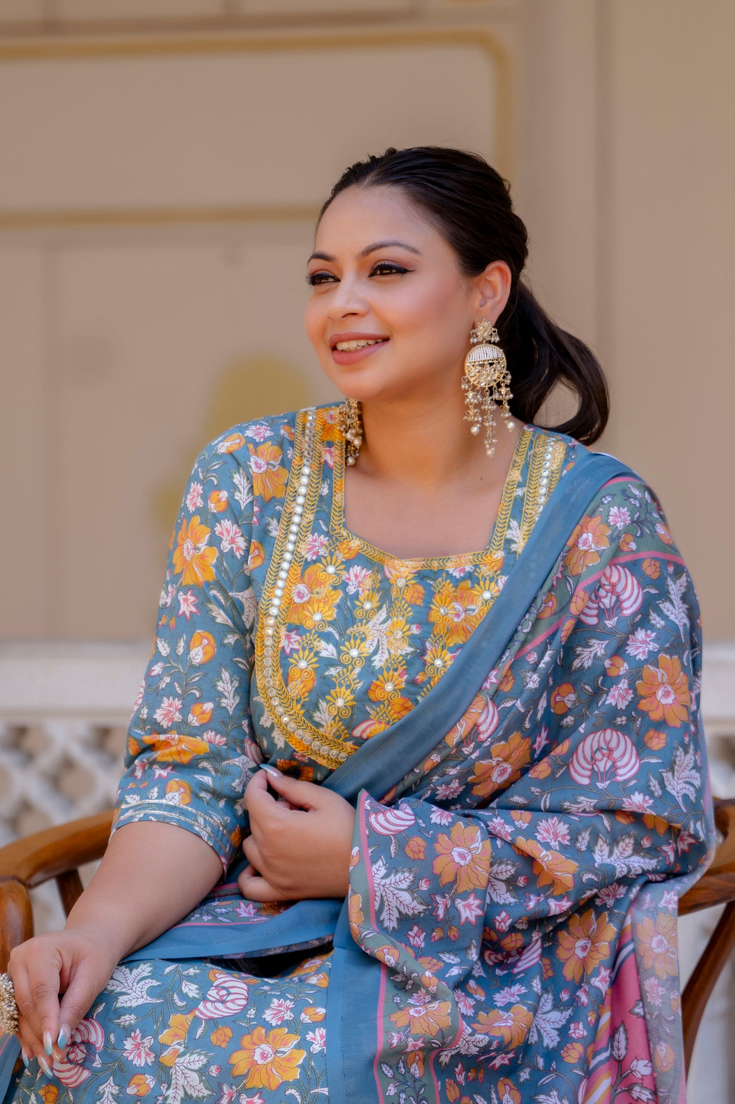 Grey Embroidered Anarkali Kurta & Dupatta Set (Pure Cotton)