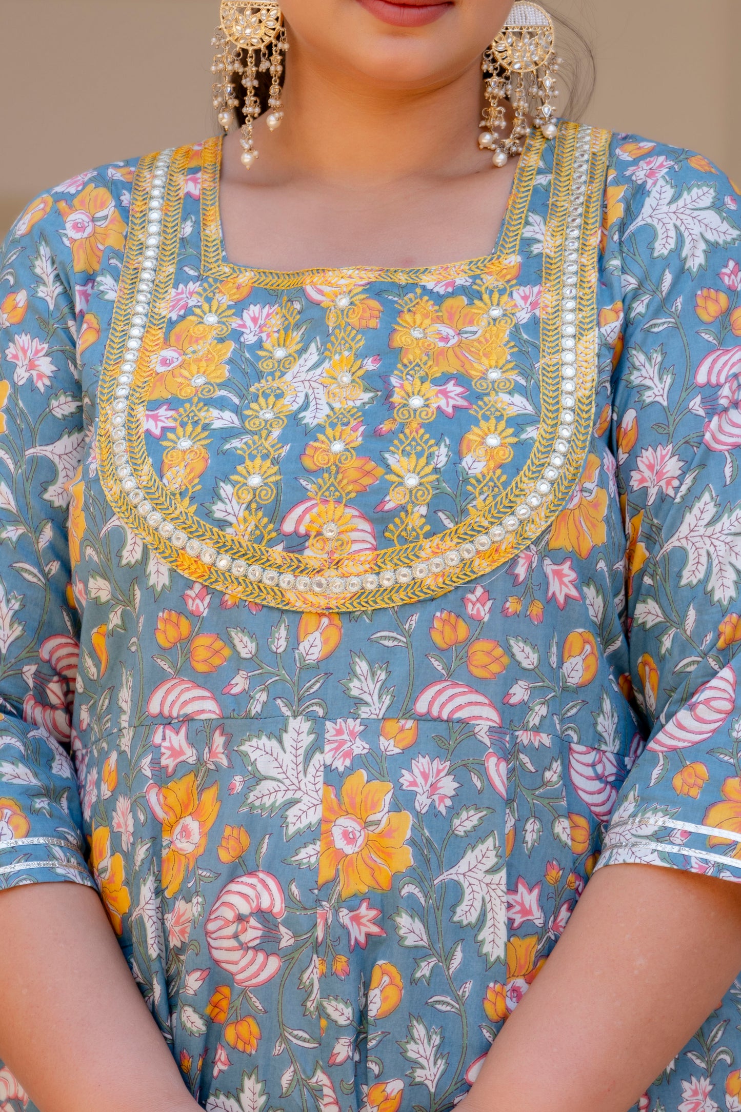 Grey Embroidered Anarkali Kurta & Dupatta Set (Pure Cotton)