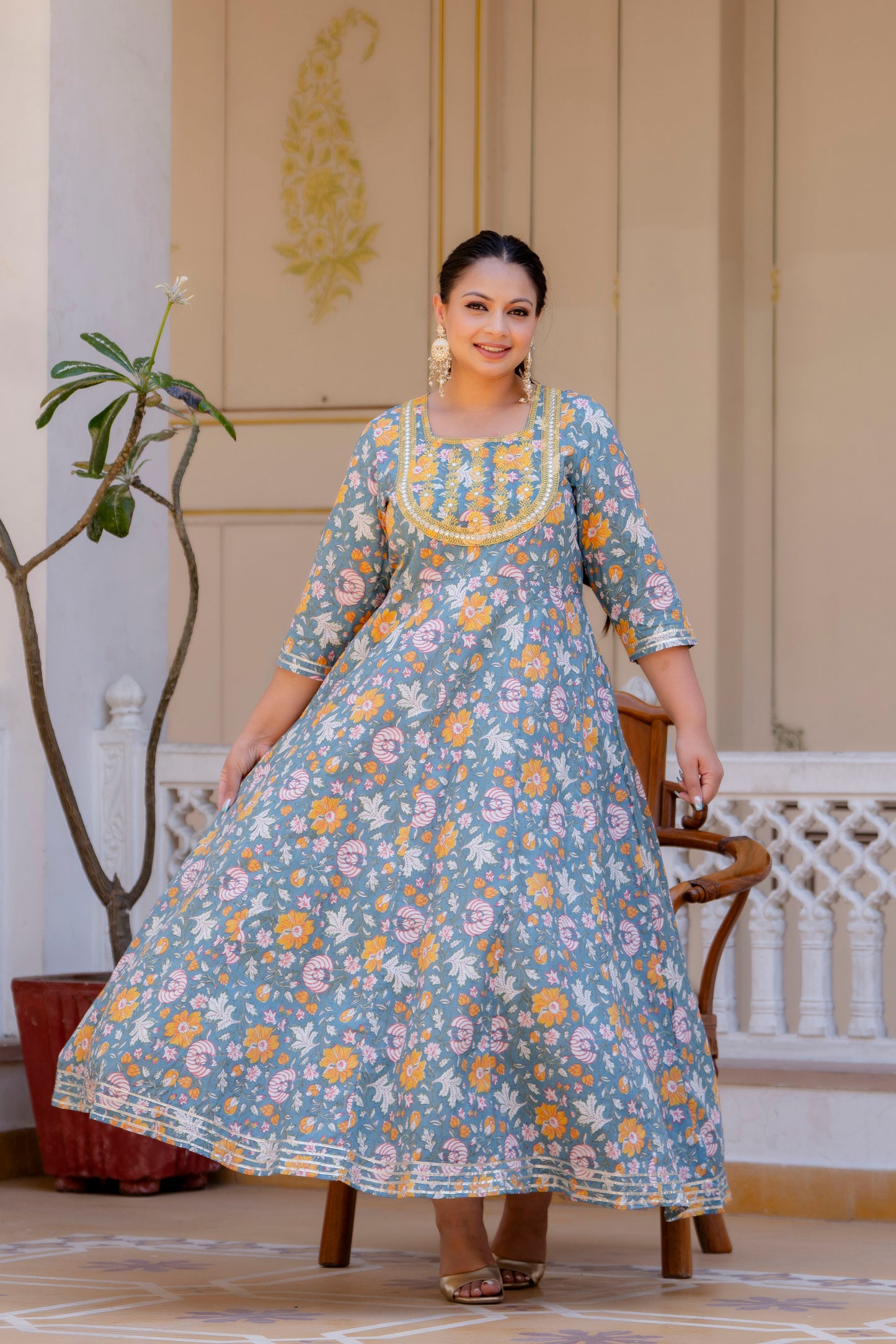 Grey Embroidered Anarkali Kurta & Dupatta Set (Pure Cotton)