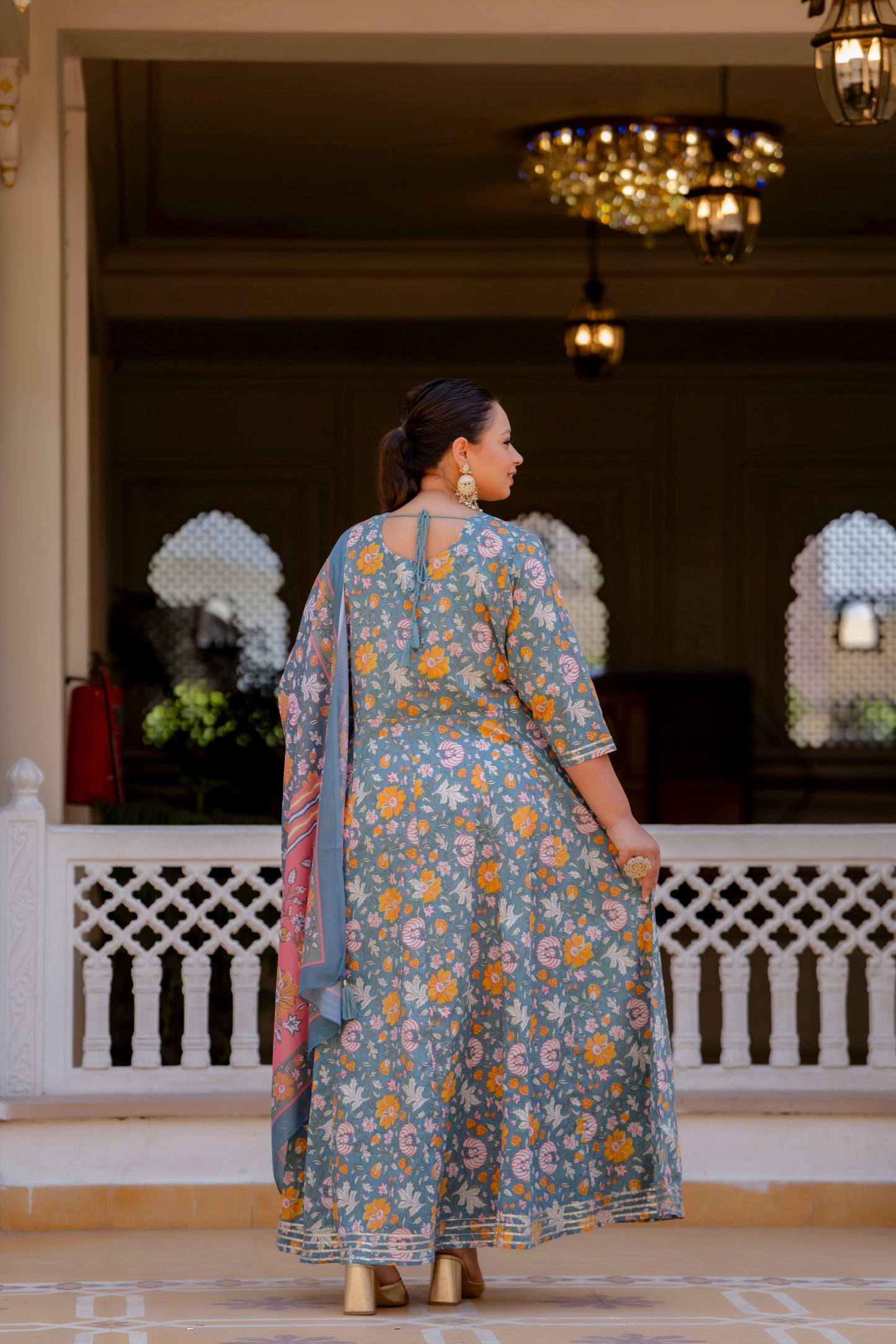 Grey Embroidered Anarkali Kurta & Dupatta Set (Pure Cotton)