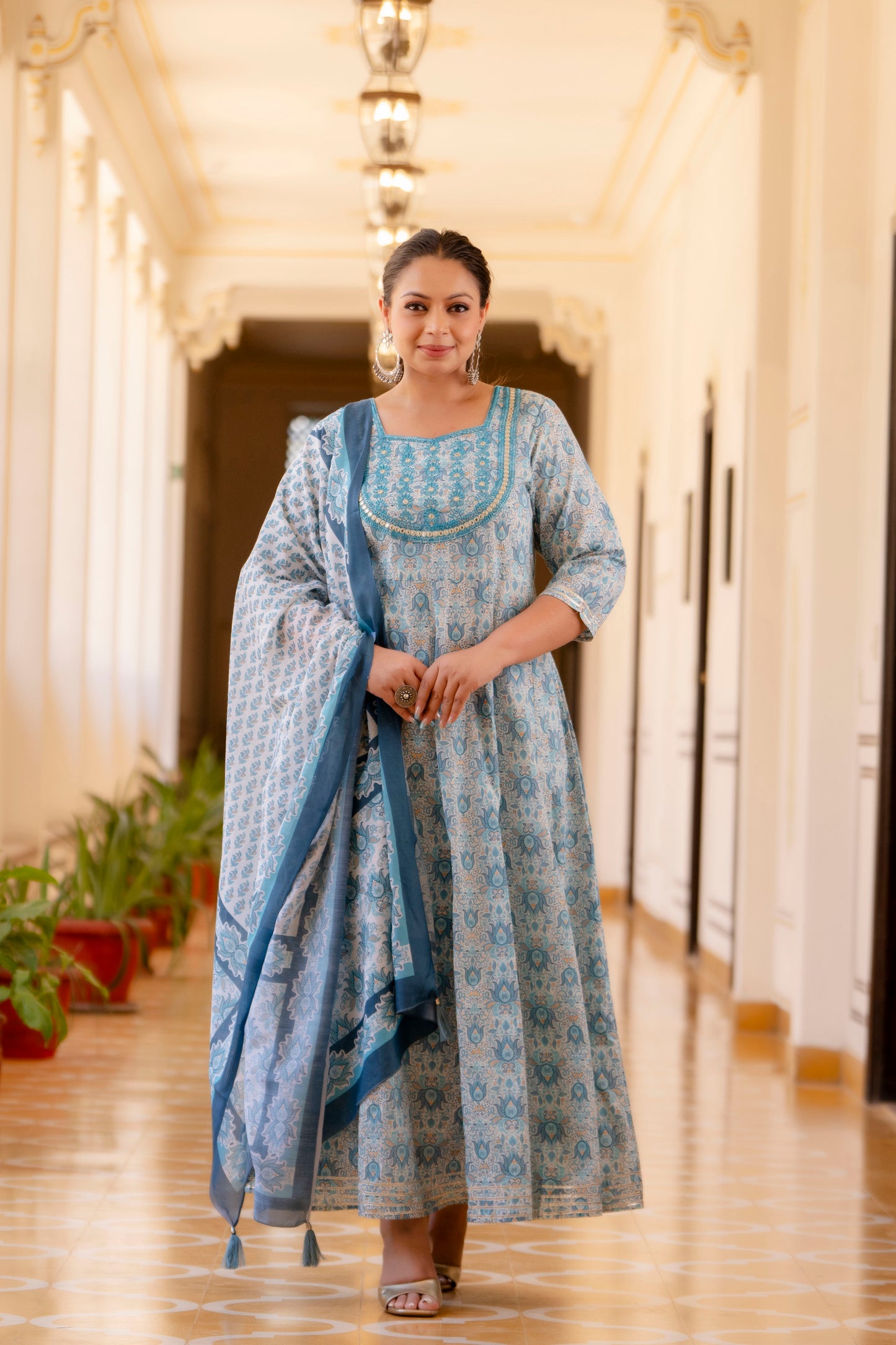 Light Grey Embroidered Anarkali Kurta & Dupatta Set (Pure Cotton)