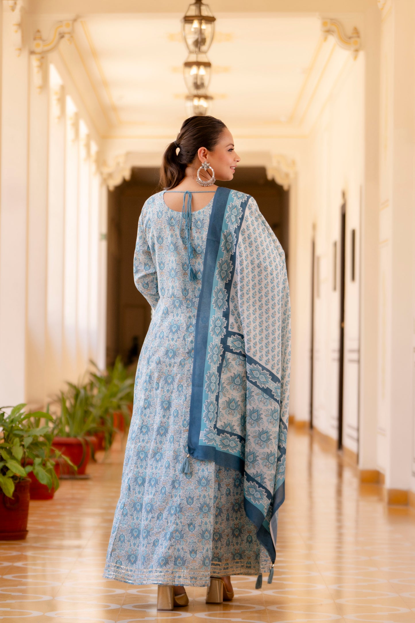 Light Grey Embroidered Anarkali Kurta & Dupatta Set (Pure Cotton)