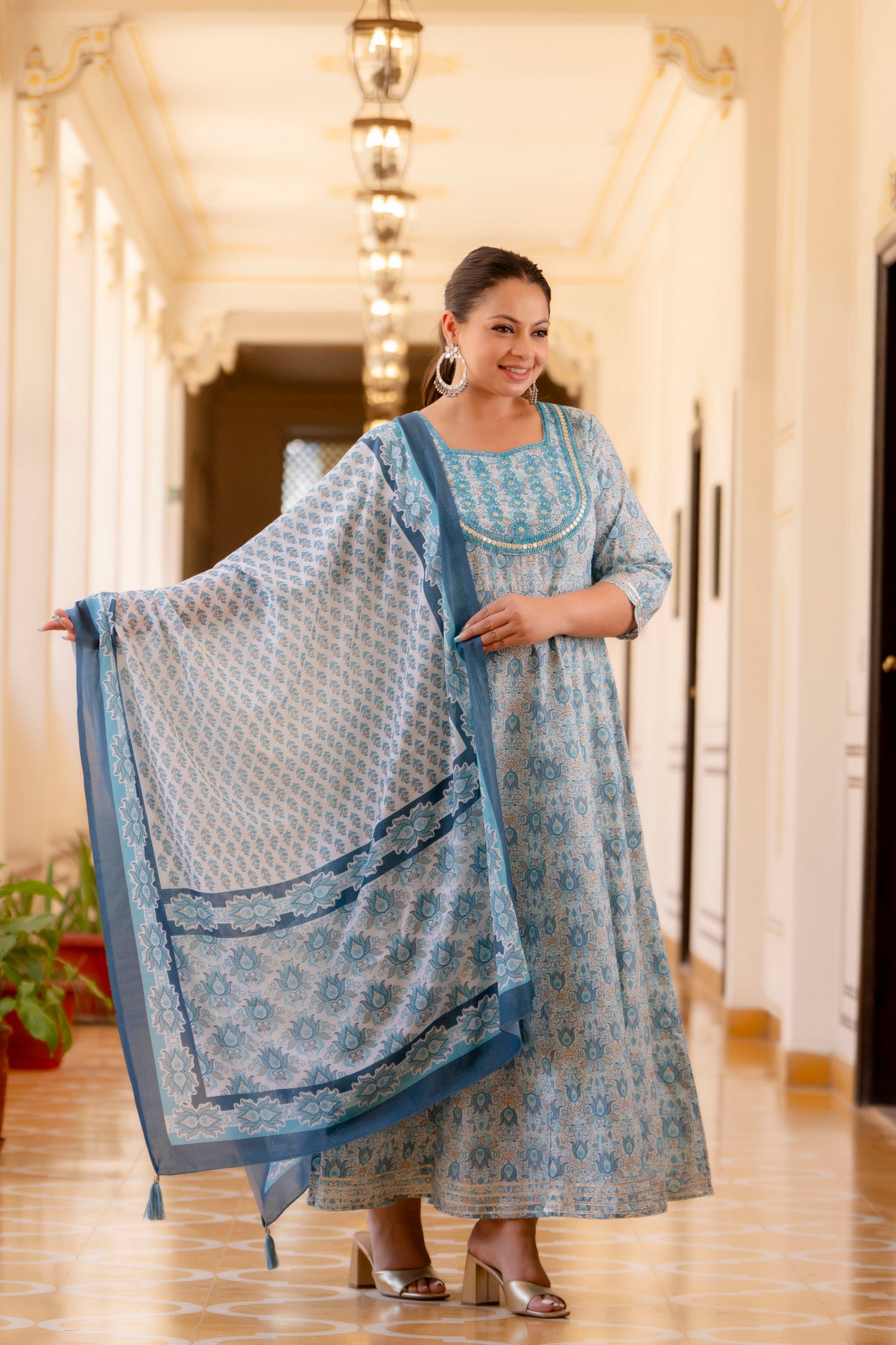 Light Grey Embroidered Anarkali Kurta & Dupatta Set (Pure Cotton)