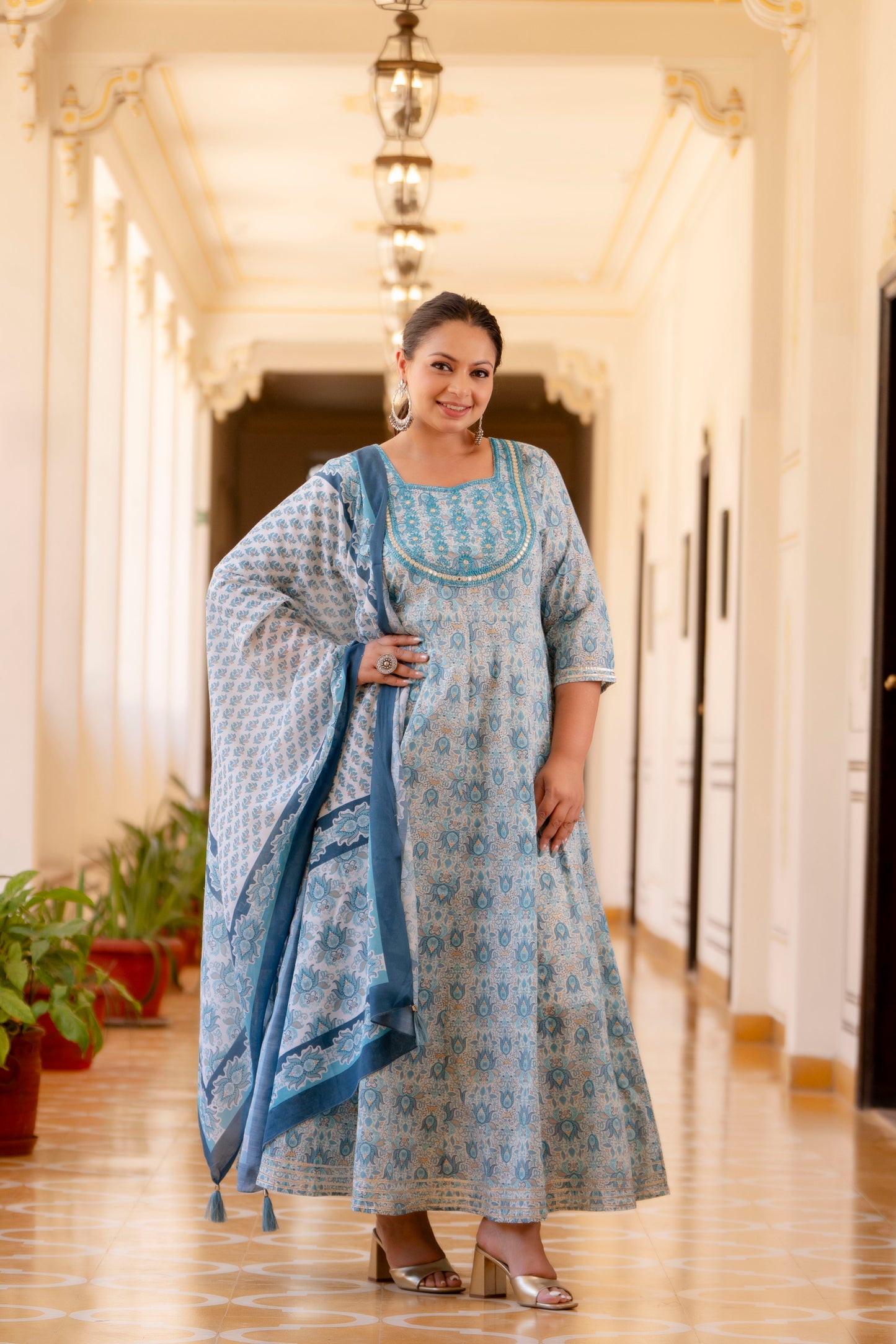 Light Grey Embroidered Anarkali Kurta & Dupatta Set (Pure Cotton)