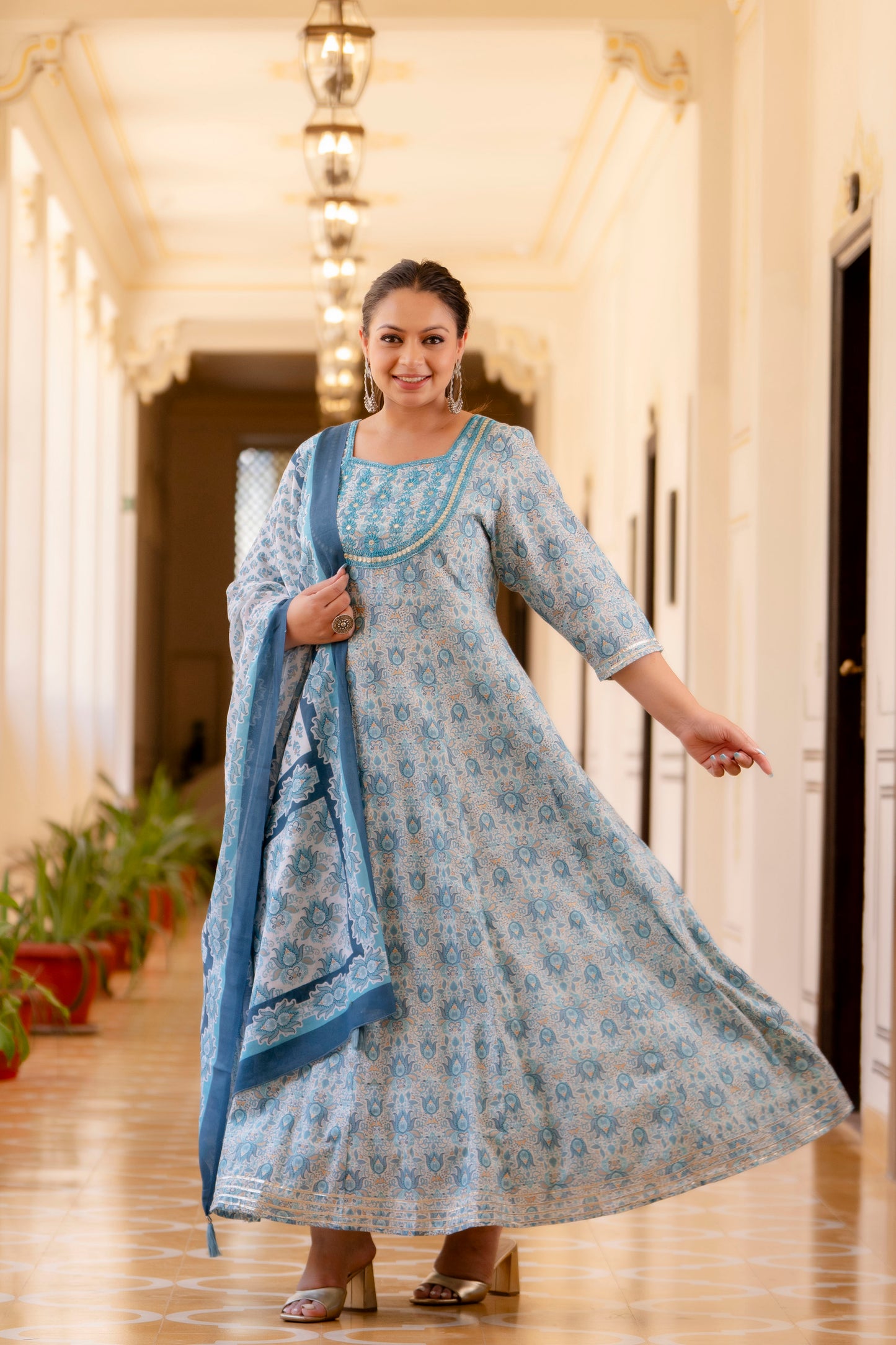 Light Grey Embroidered Anarkali Kurta & Dupatta Set (Pure Cotton)