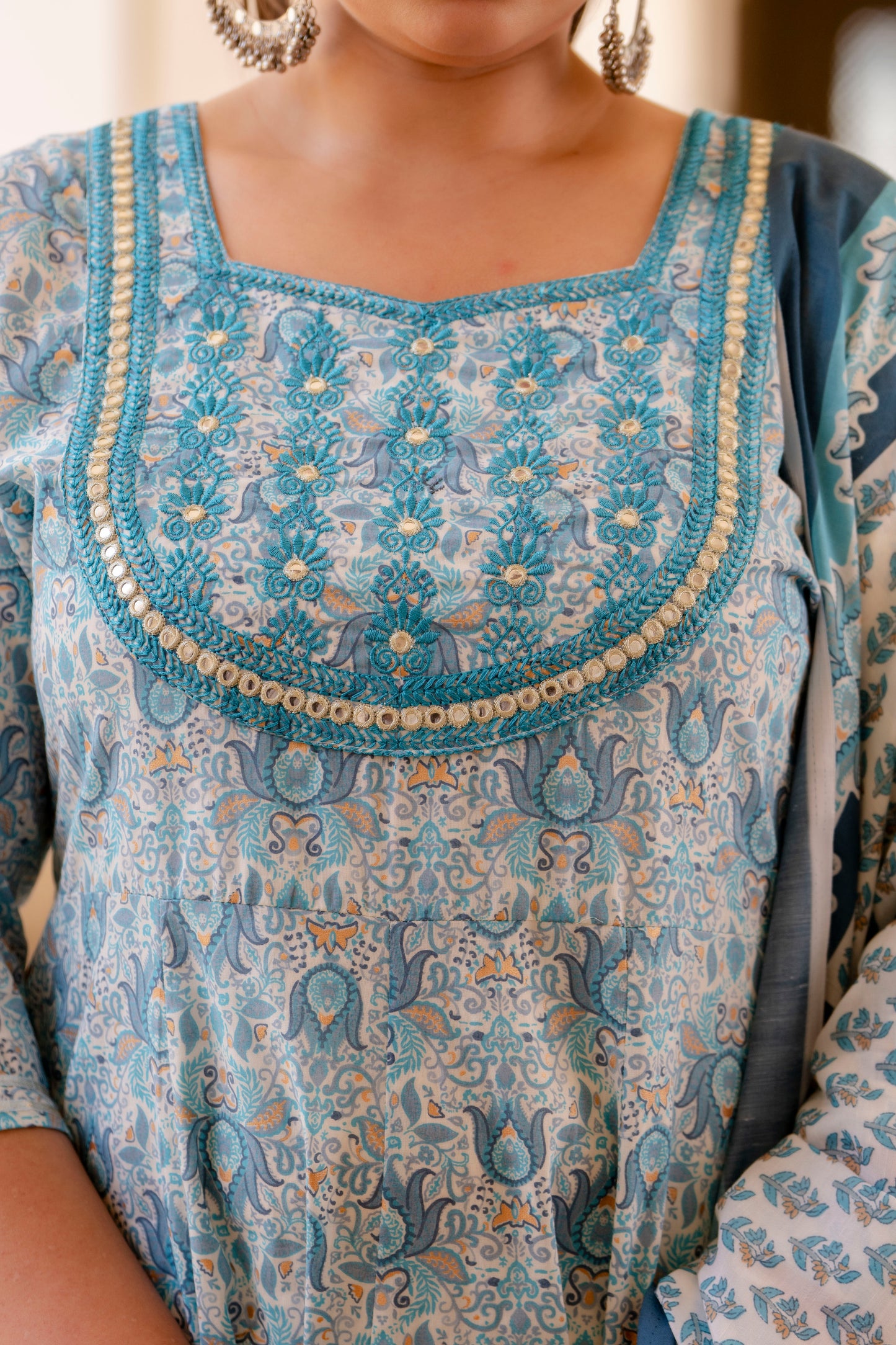 Light Grey Embroidered Anarkali Kurta & Dupatta Set (Pure Cotton)