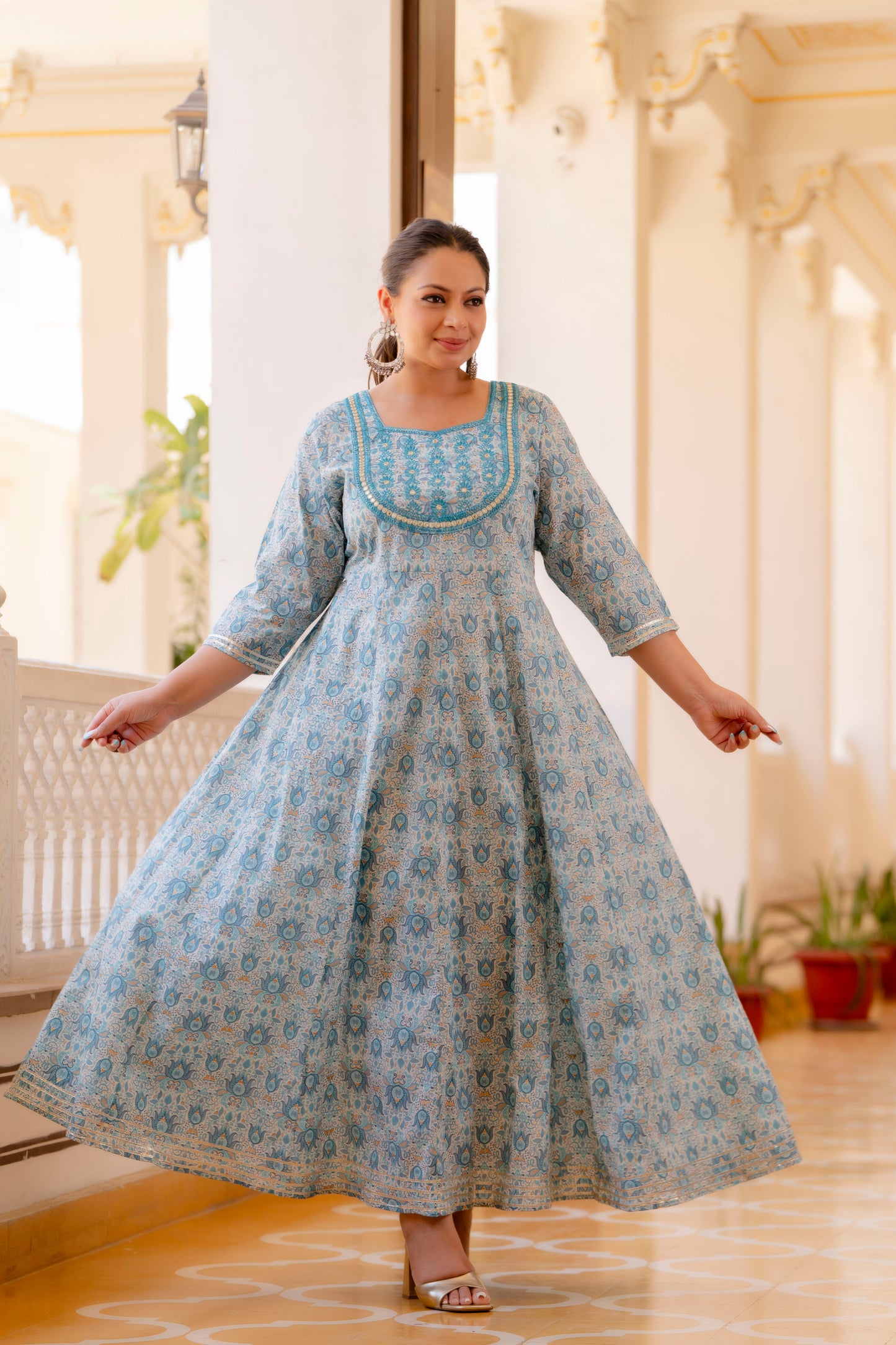 Light Grey Embroidered Anarkali Kurta & Dupatta Set (Pure Cotton)