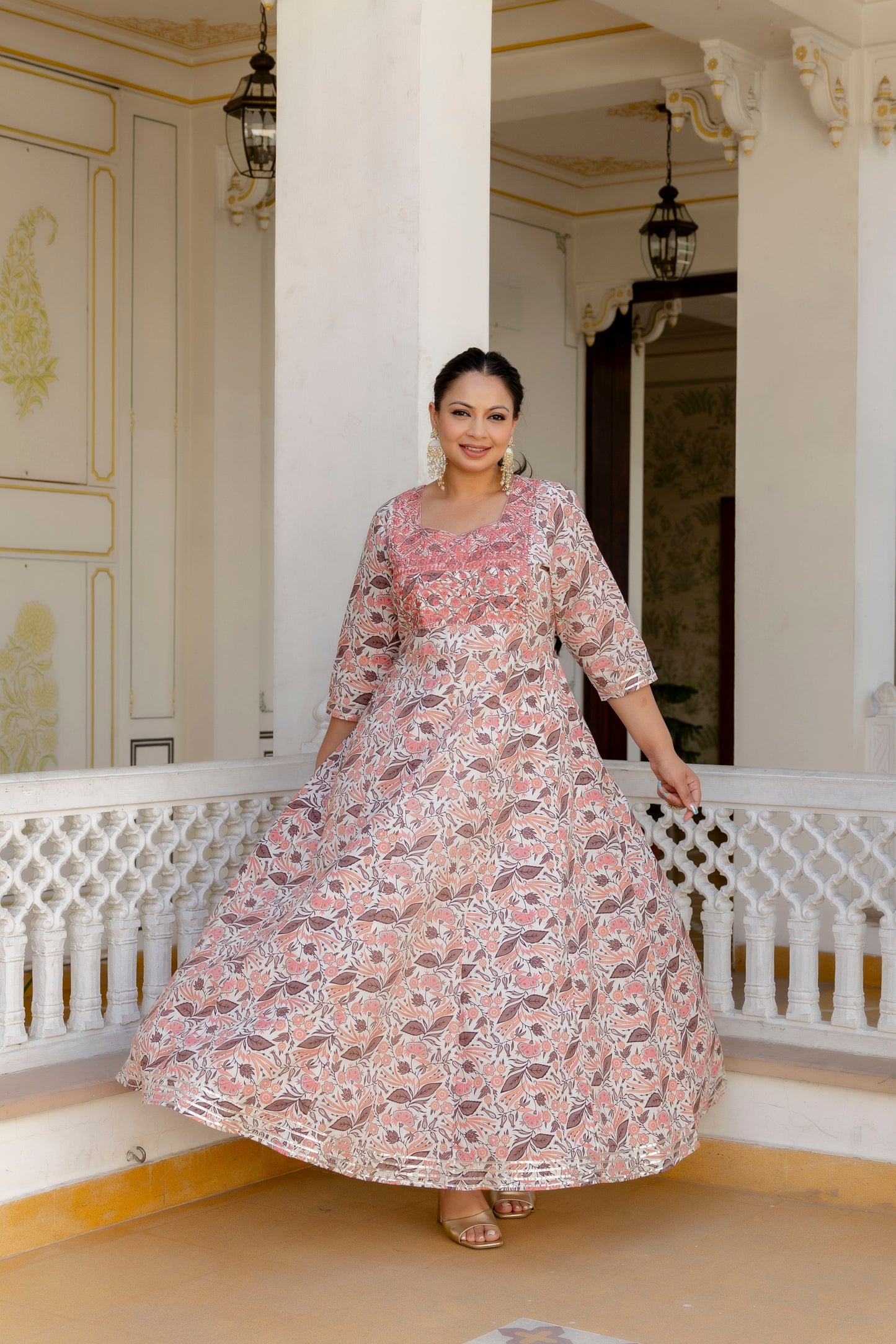 Peach Embroidered Anarkali Kurta & Dupatta Set (Pure Cotton)