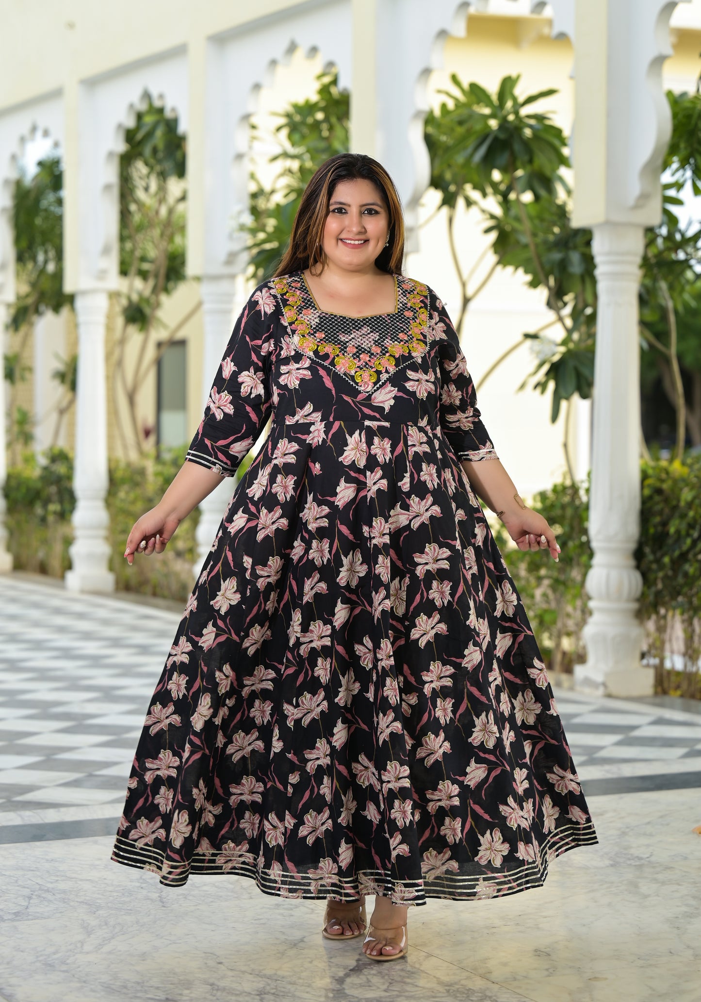 Black Embroidered Anarkali Kurta & Dupatta Set (Pure Cotton)