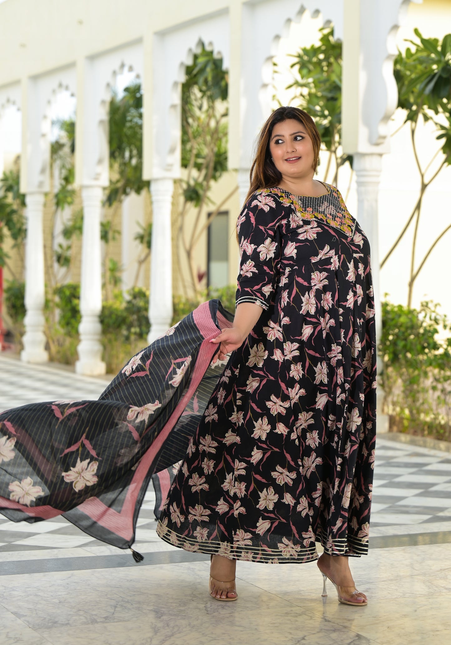 Black Embroidered Anarkali Kurta & Dupatta Set (Pure Cotton)