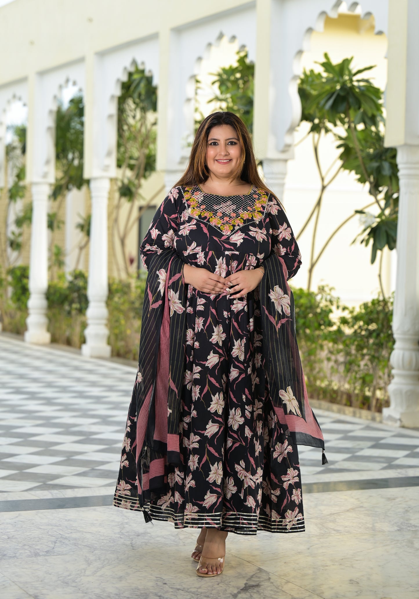 Black Embroidered Anarkali Kurta & Dupatta Set (Pure Cotton)