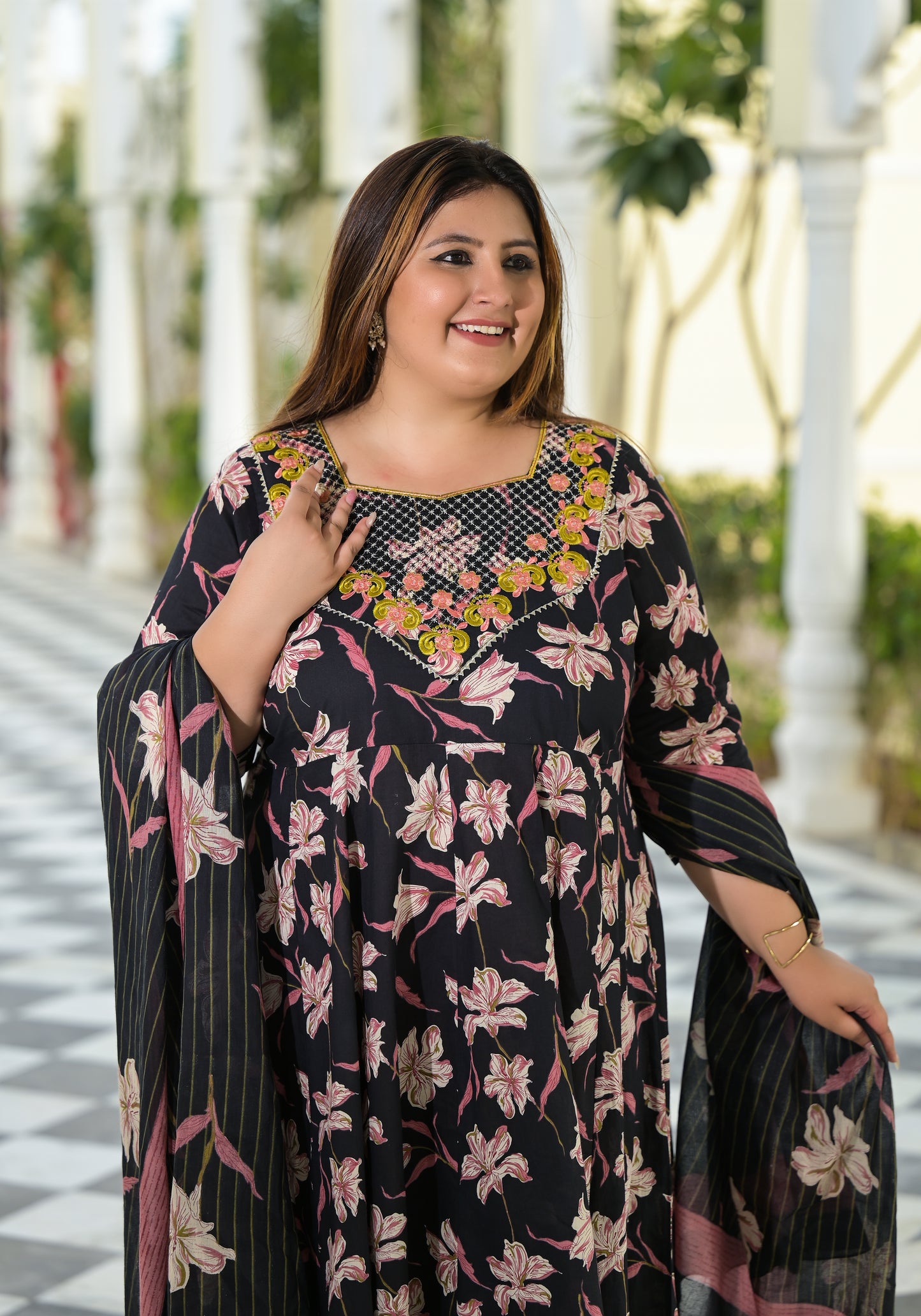 Black Embroidered Anarkali Kurta & Dupatta Set (Pure Cotton)