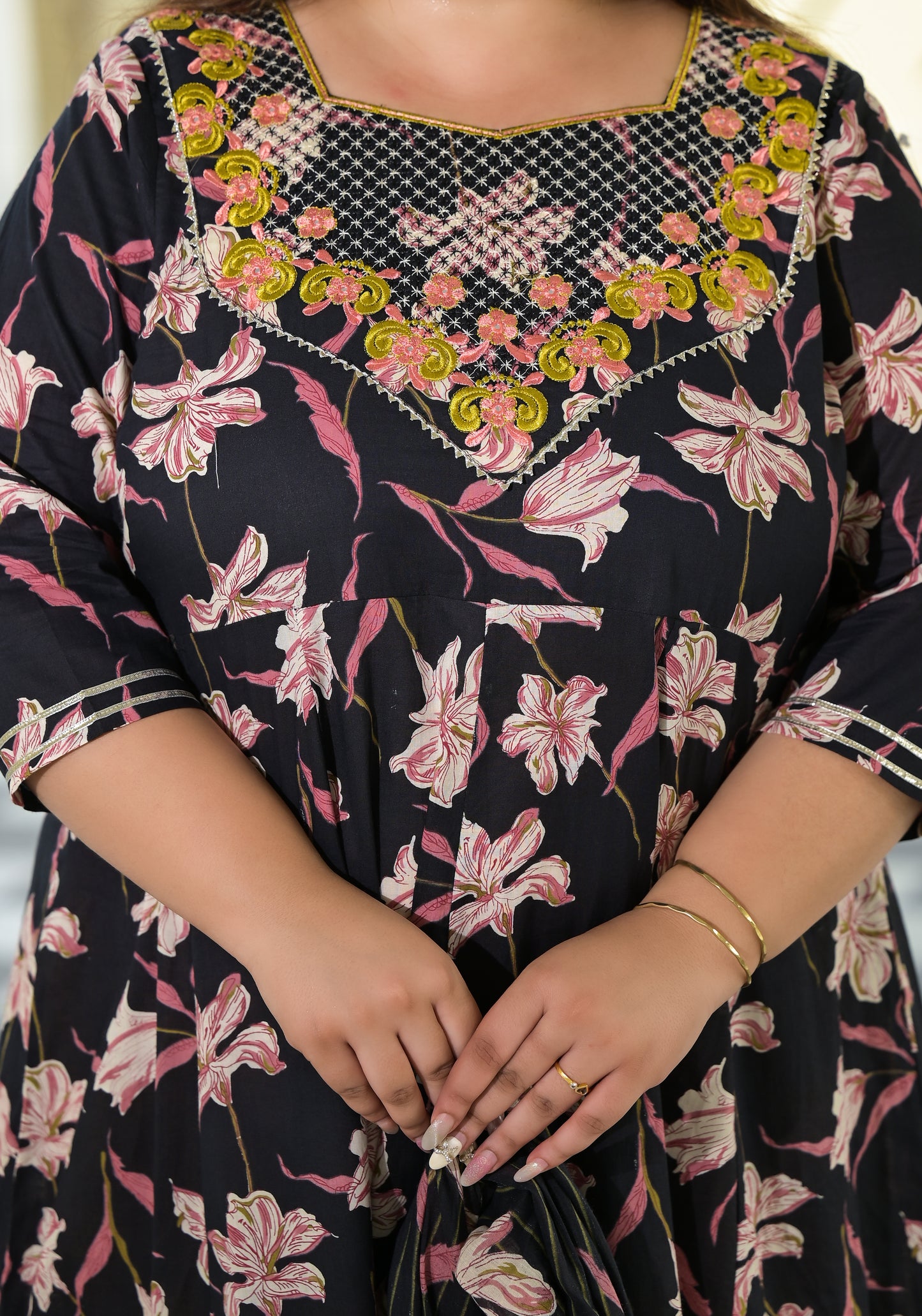 Black Embroidered Anarkali Kurta & Dupatta Set (Pure Cotton)