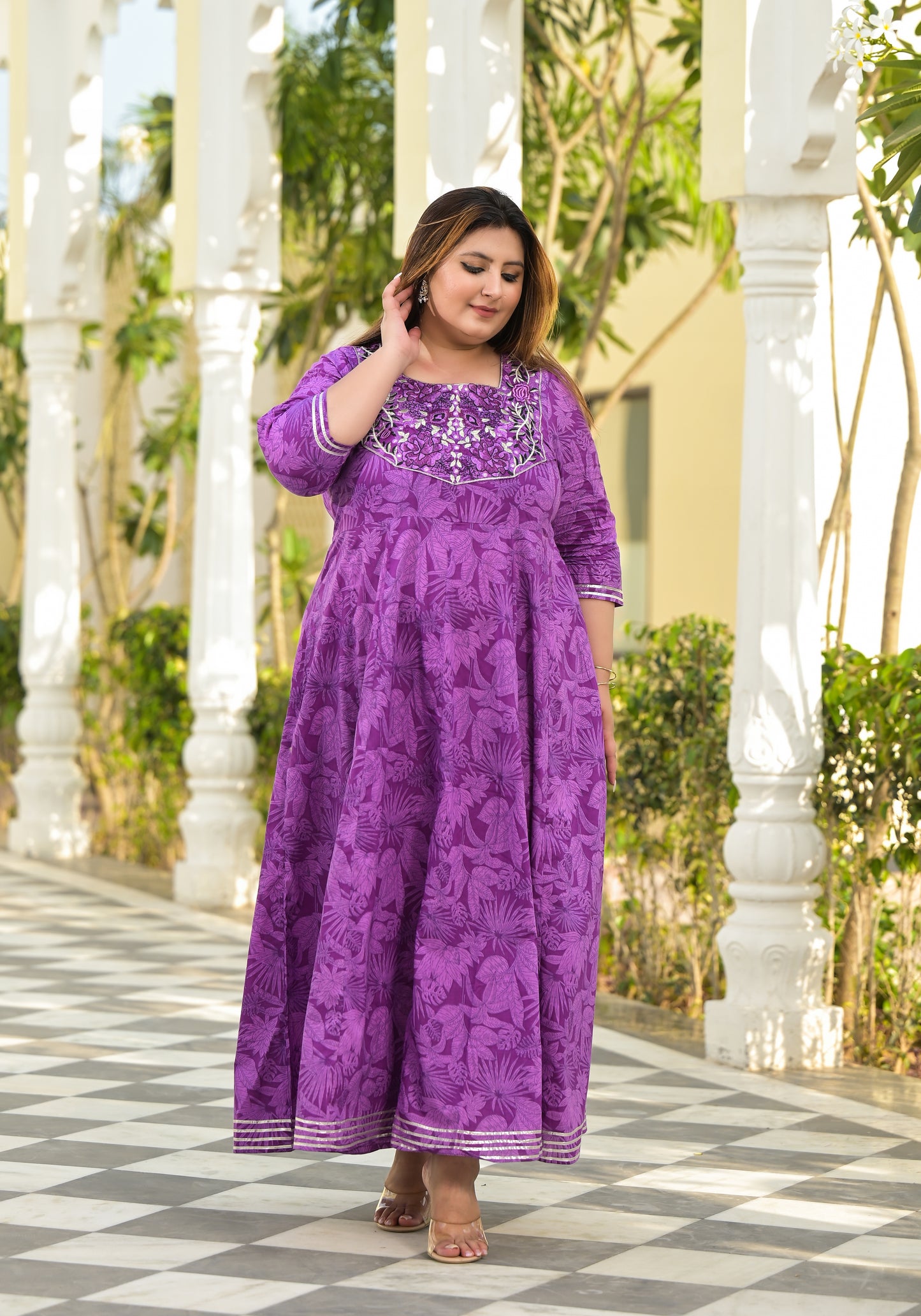 Purple Embroidered Anarkali Kurta & Dupatta Set (Pure Cotton)