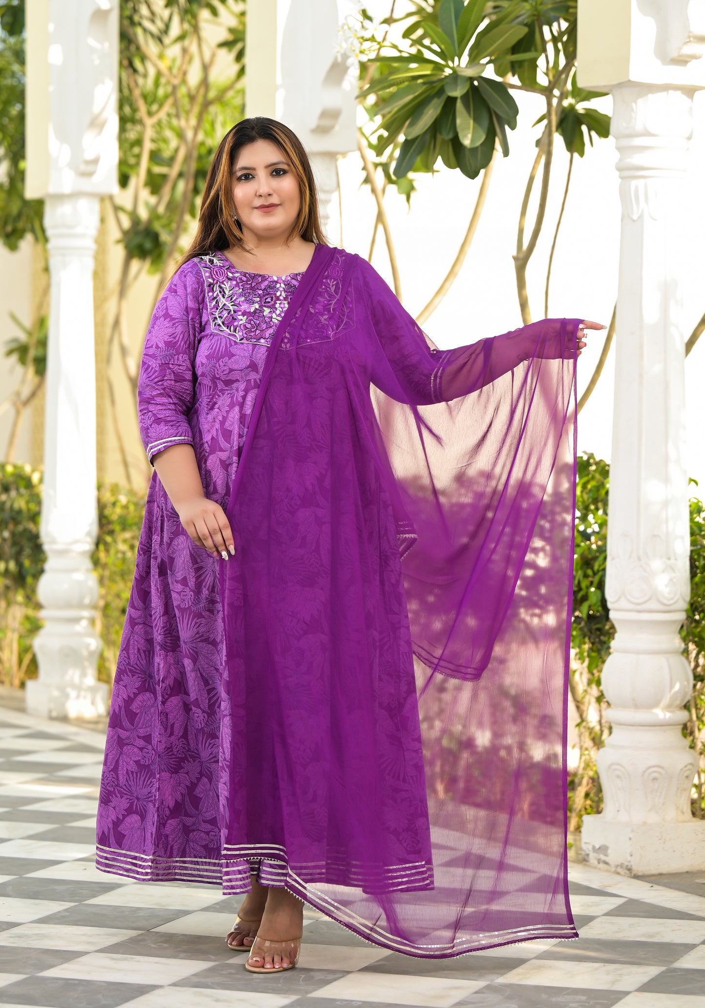 Purple Embroidered Anarkali Kurta & Dupatta Set (Pure Cotton)
