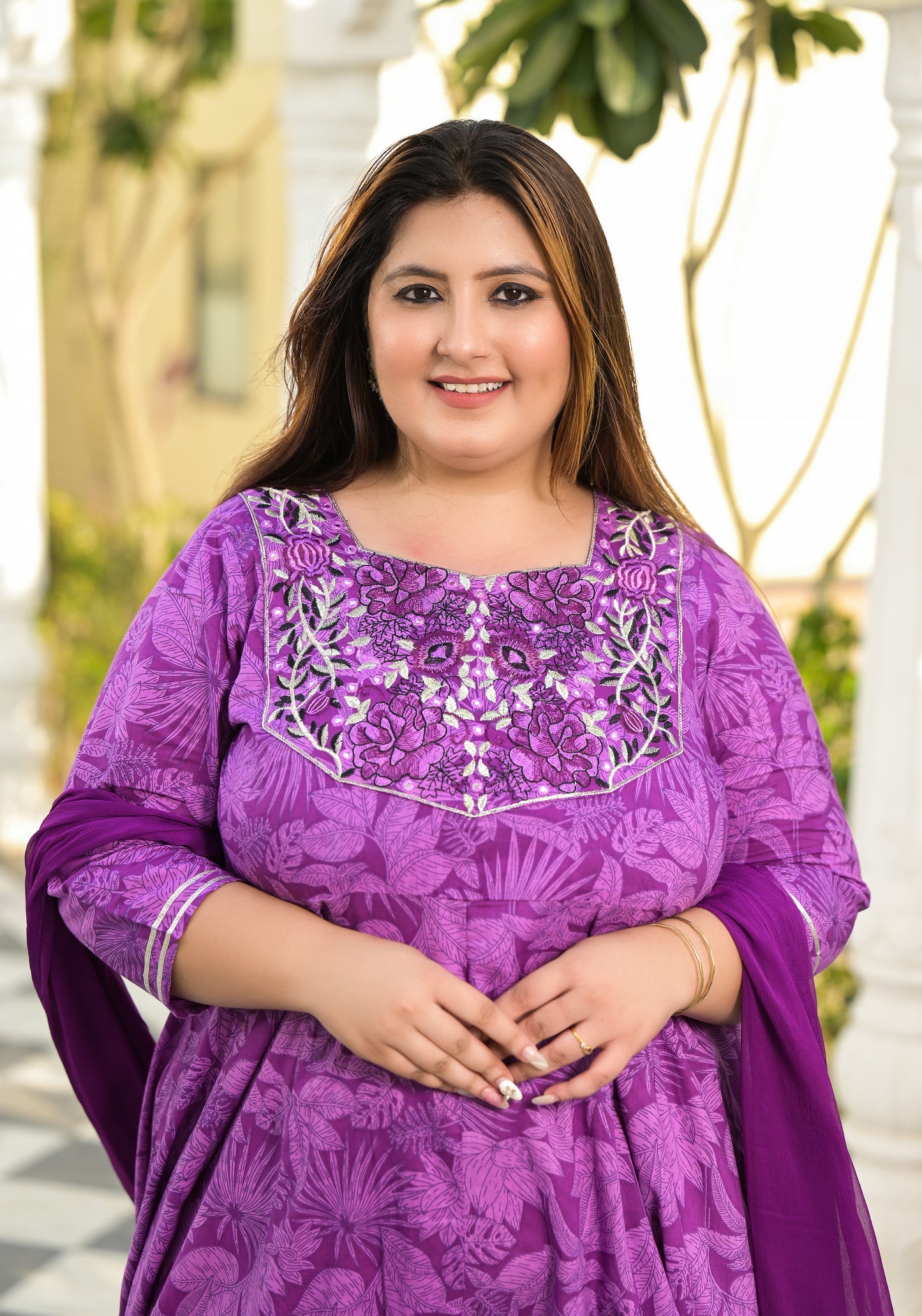 Purple Embroidered Anarkali Kurta & Dupatta Set (Pure Cotton)