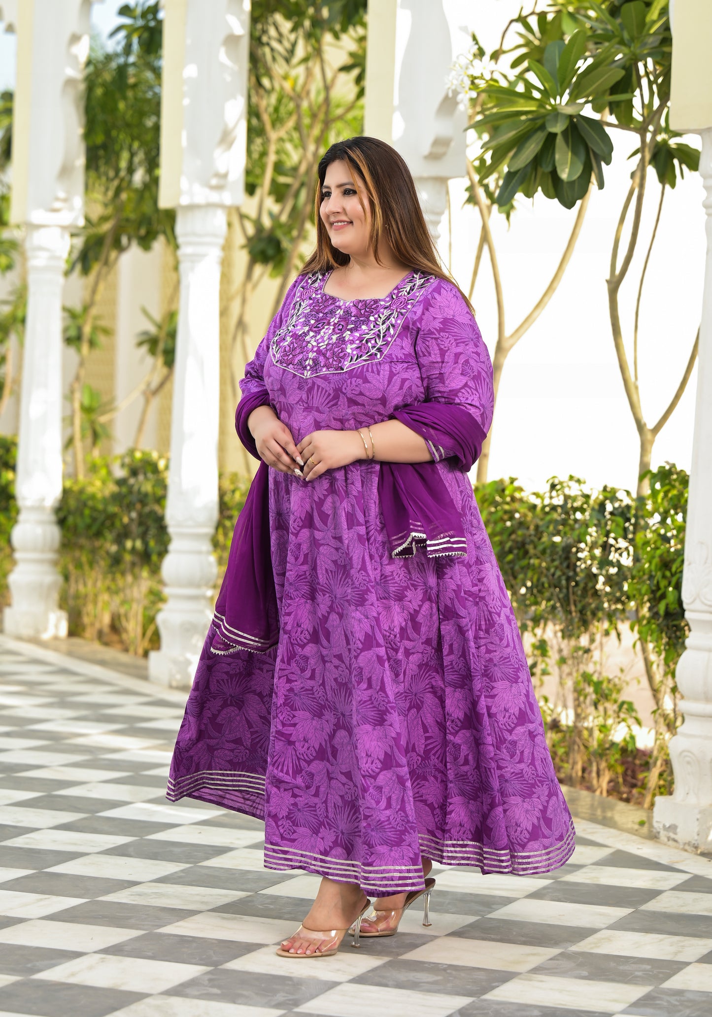 Purple Embroidered Anarkali Kurta & Dupatta Set (Pure Cotton)
