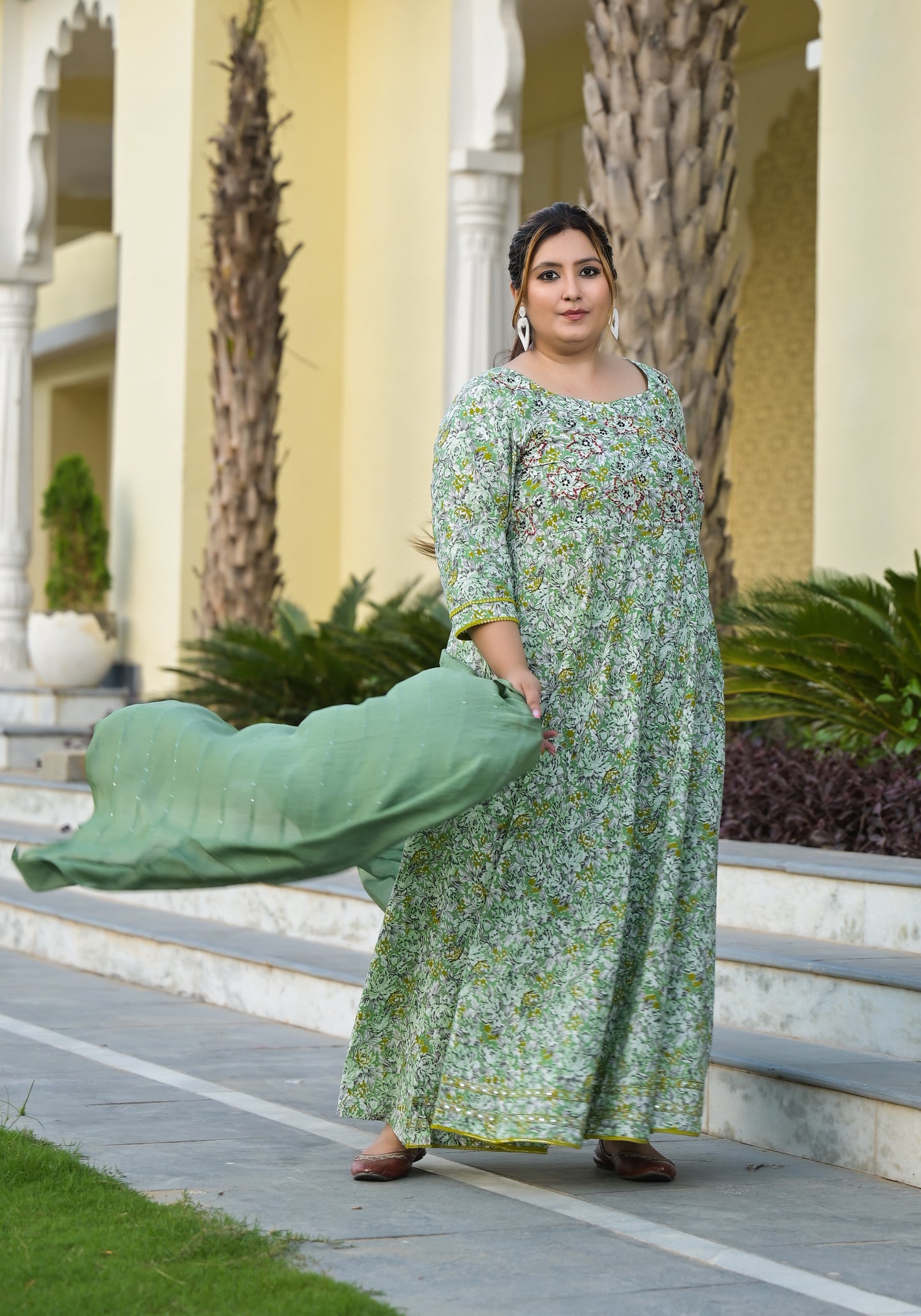 Green Anarkali Kurta & Dupatta Set (Pure Cotton)