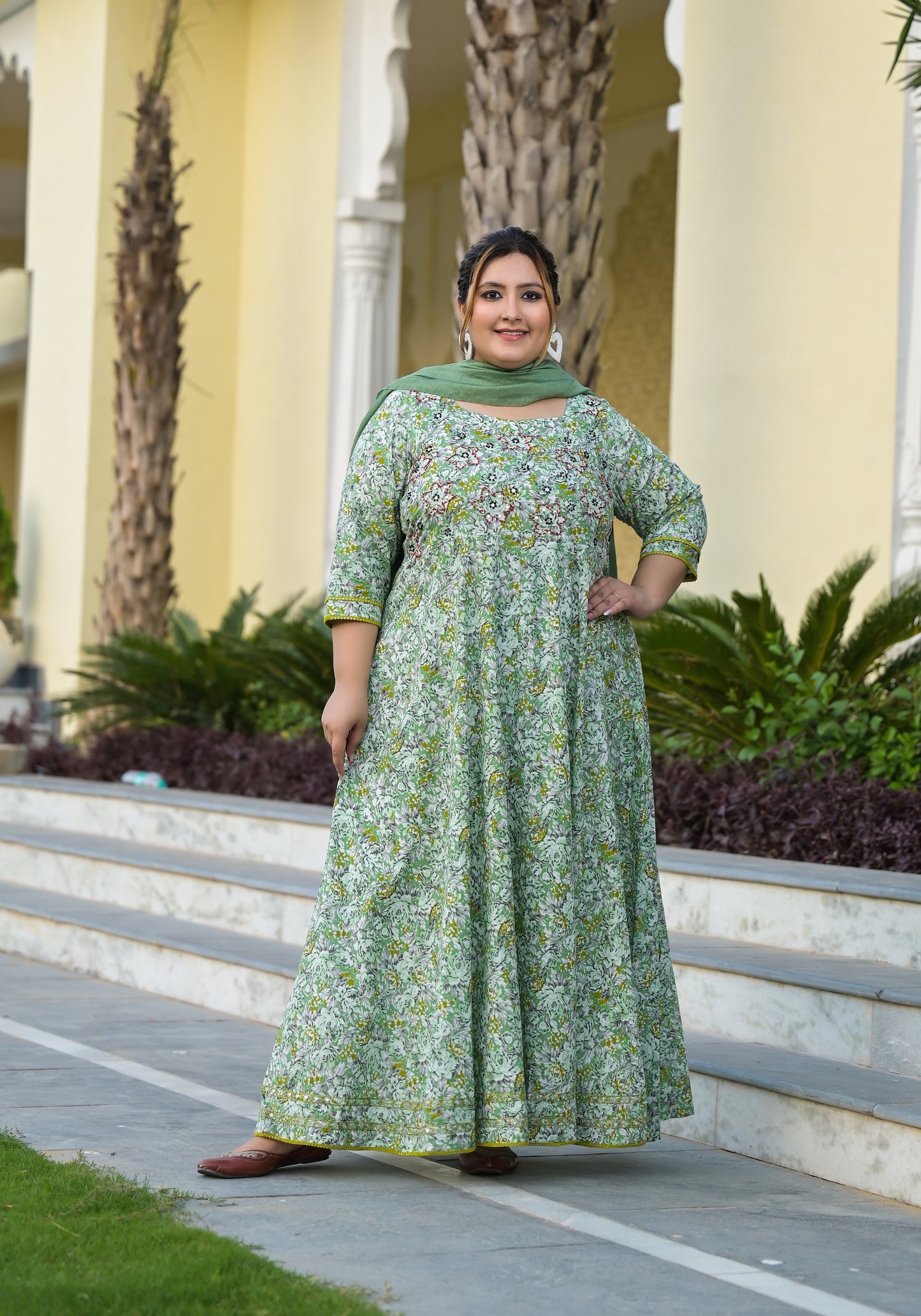 Green Anarkali Kurta & Dupatta Set (Pure Cotton)