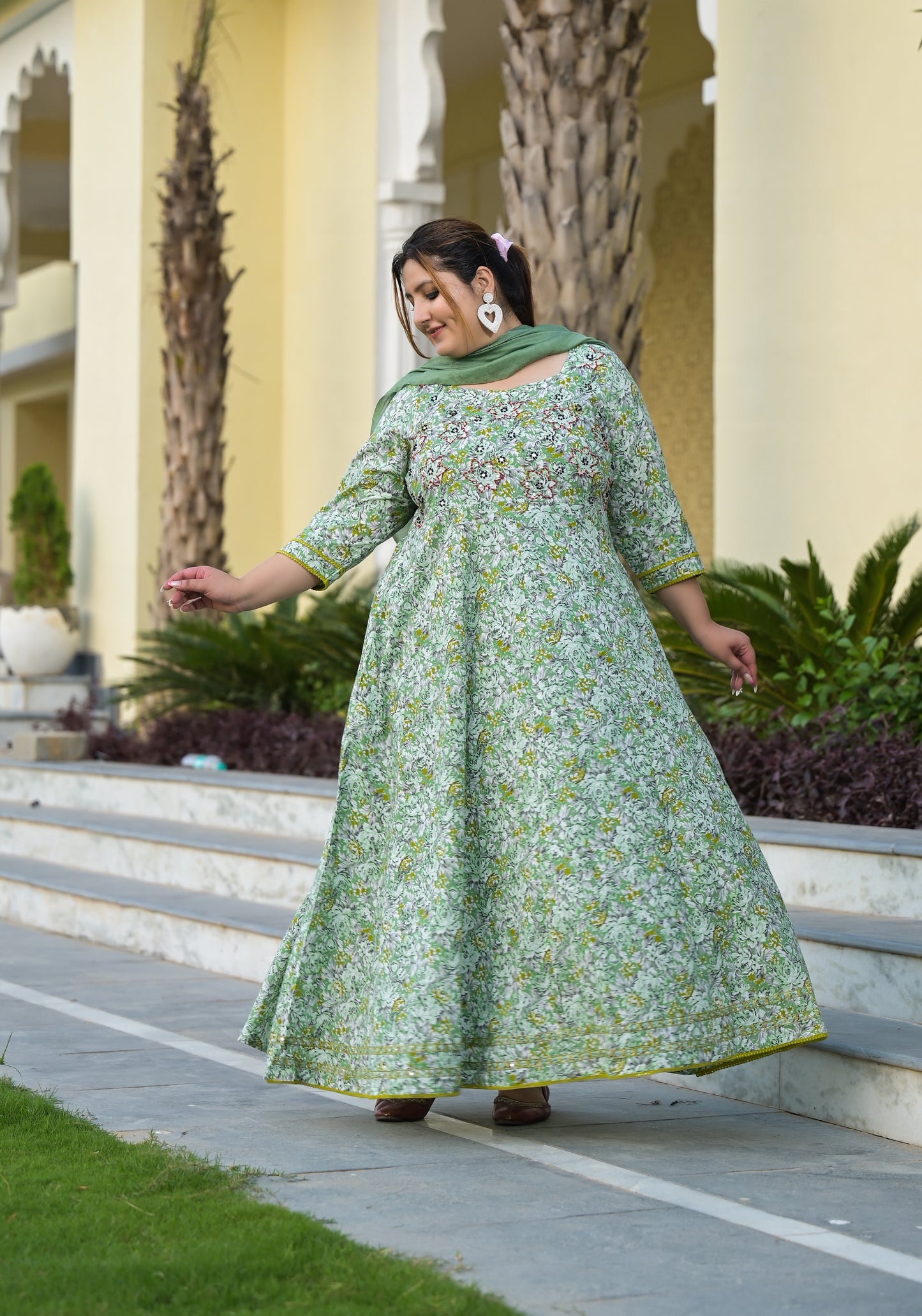 Green Anarkali Kurta & Dupatta Set (Pure Cotton)