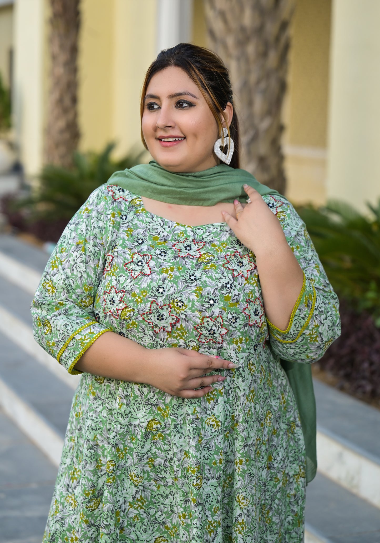 Green Anarkali Kurta & Dupatta Set (Pure Cotton)