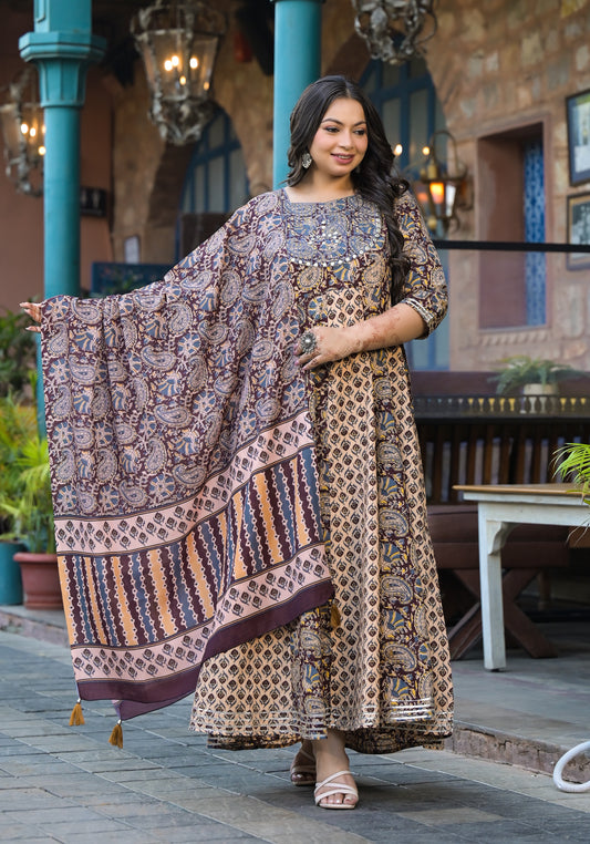 Beige Embroidered Anarkali Kurta & Dupatta Set (Pure Cotton)