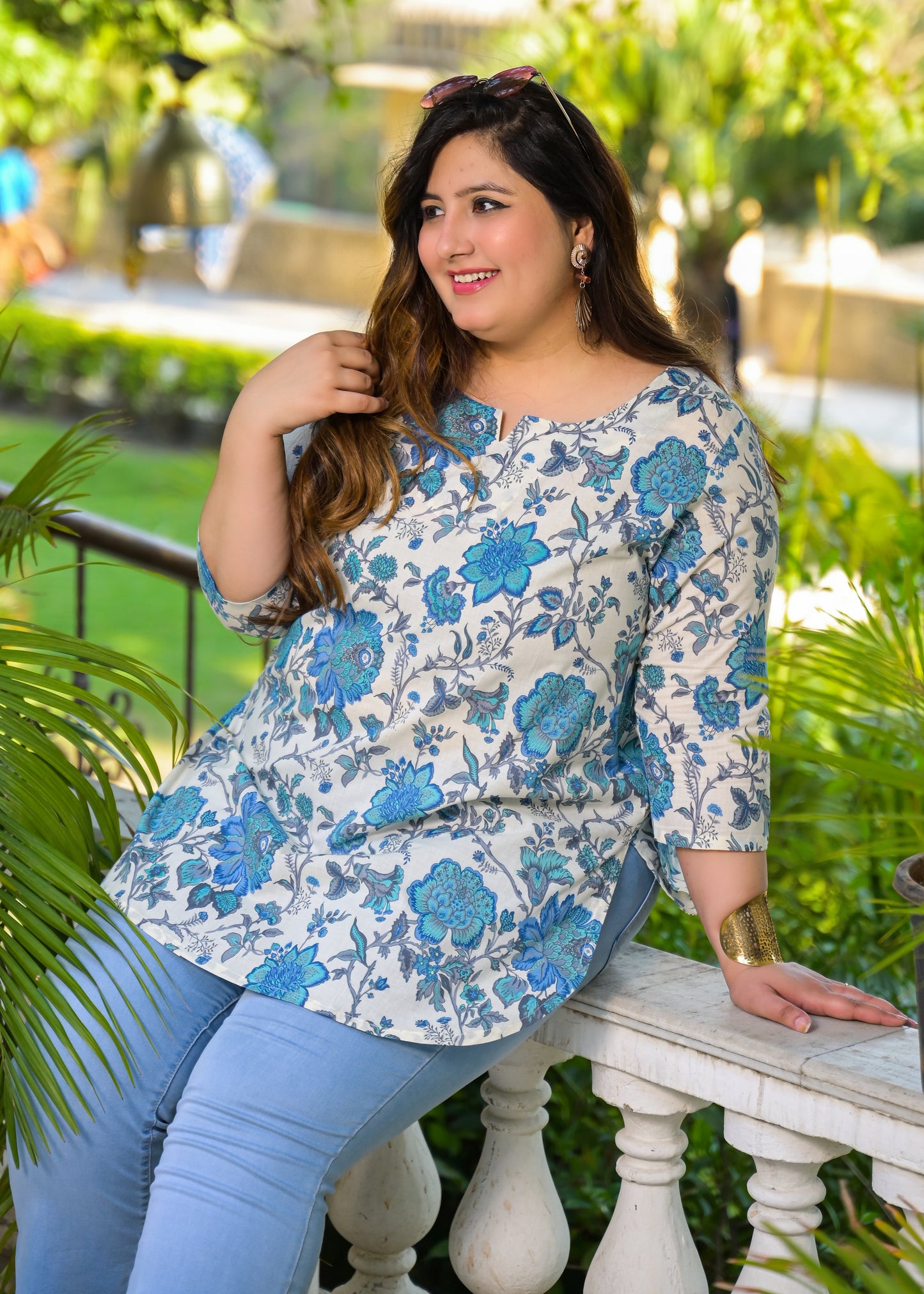 Blue White Floral Printed Top