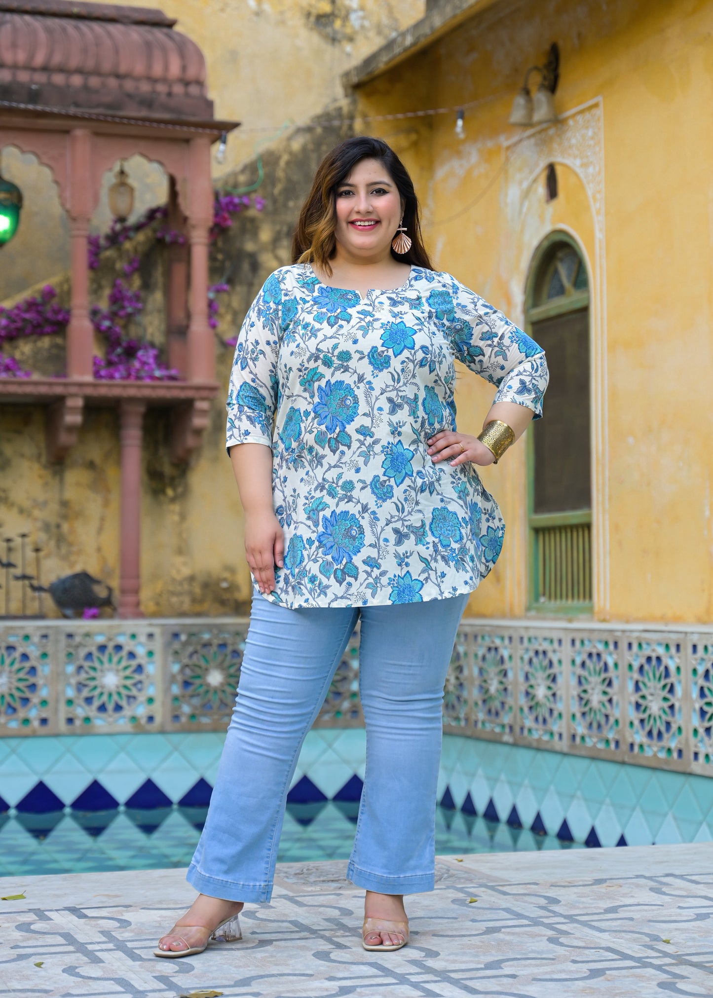 Blue White Floral Printed Top