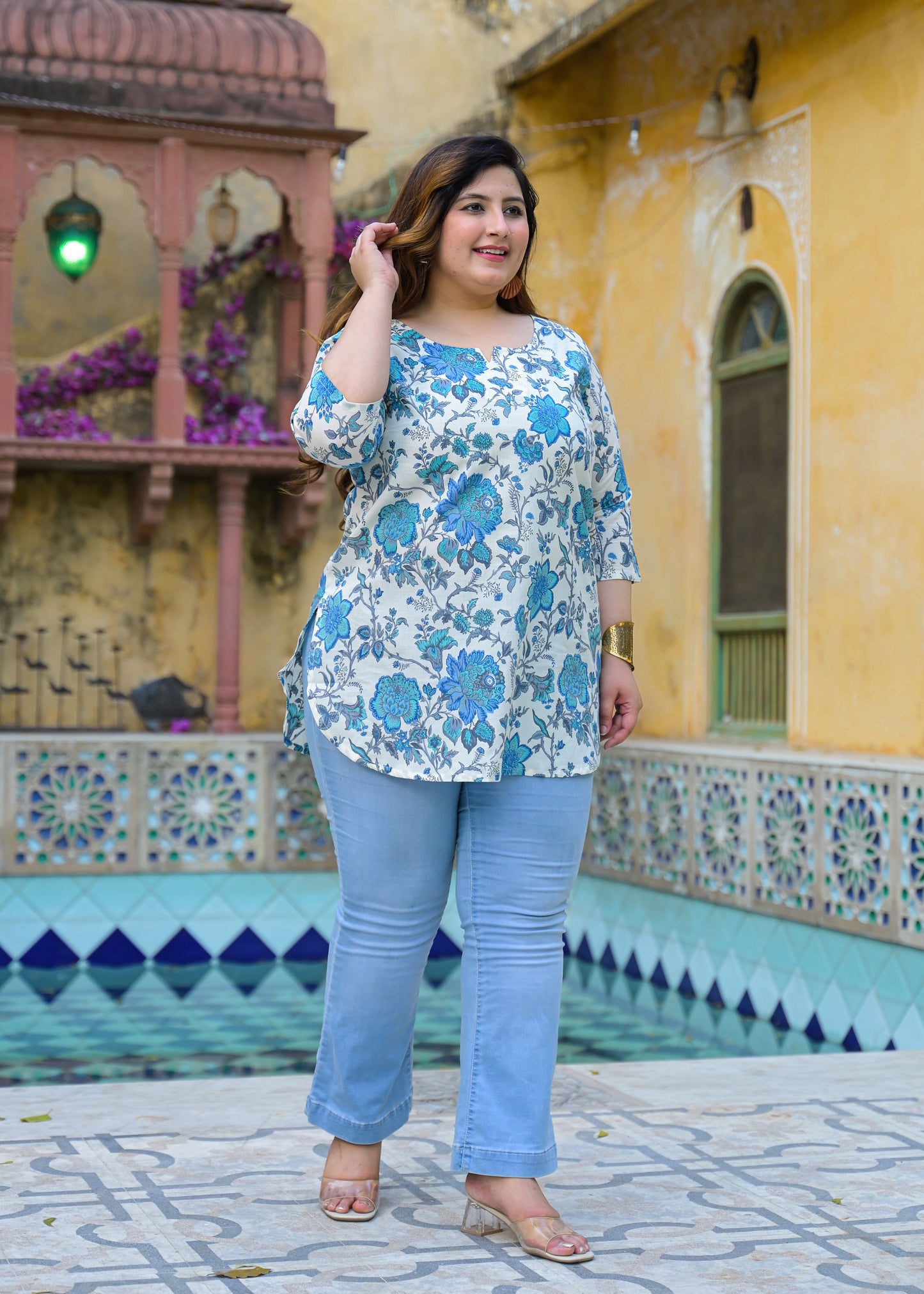 Blue White Floral Printed Top