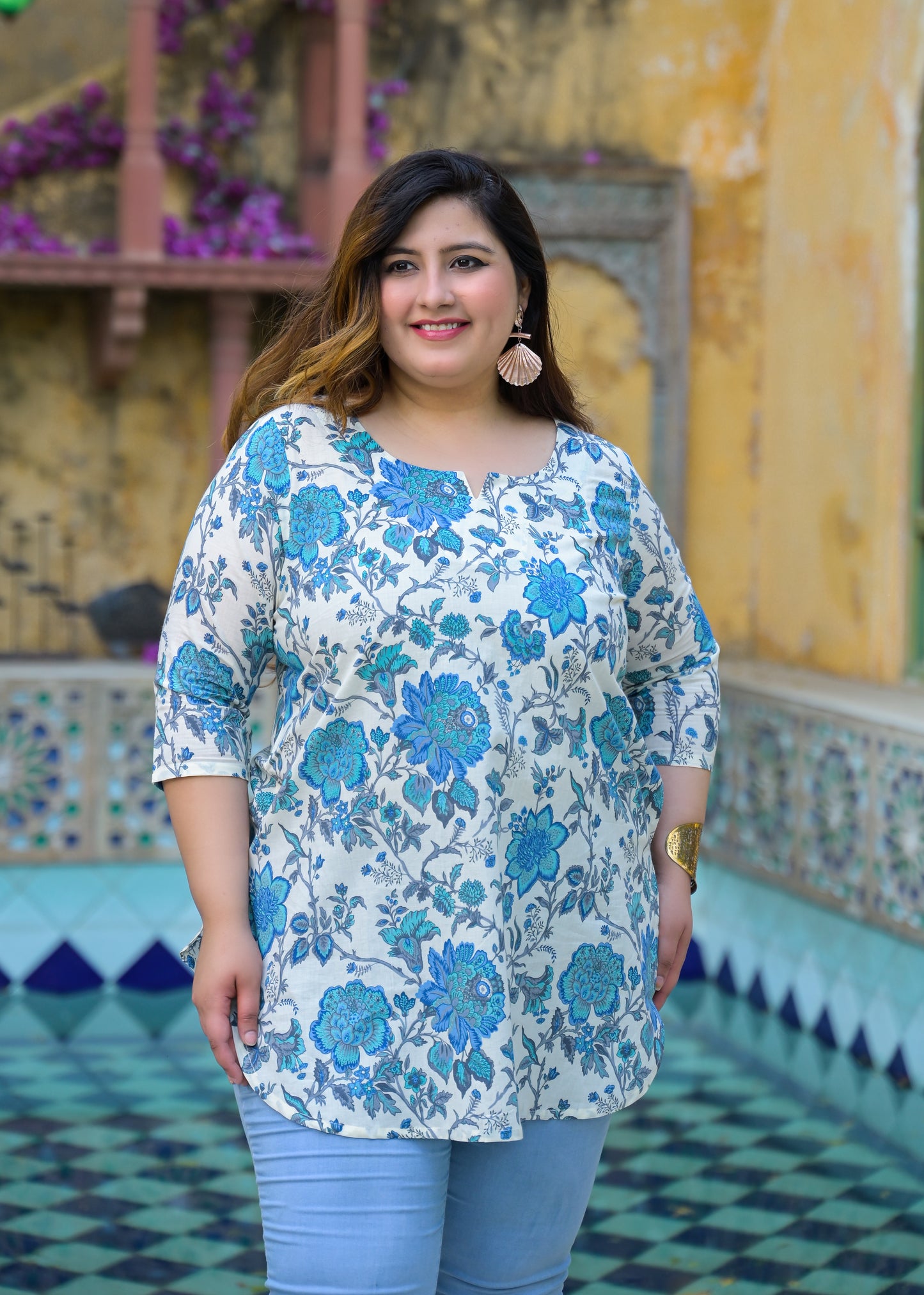 Blue White Floral Printed Top